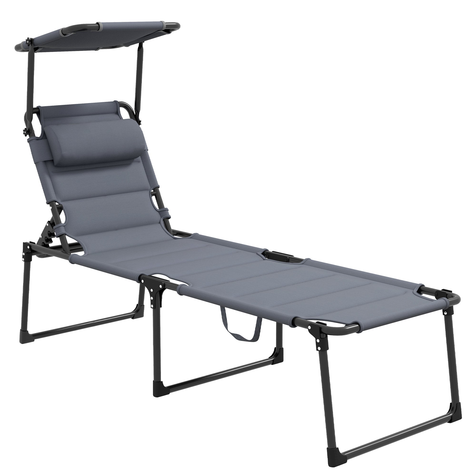 Outsunny Outdoor Lounge Chair, Adjustable Backrest Folding Chaise Lounge, Cushioned Tanning Chair w/Sunshade Roof & Pillow Headrest for Beach, Camping, Hiking, Gray--1