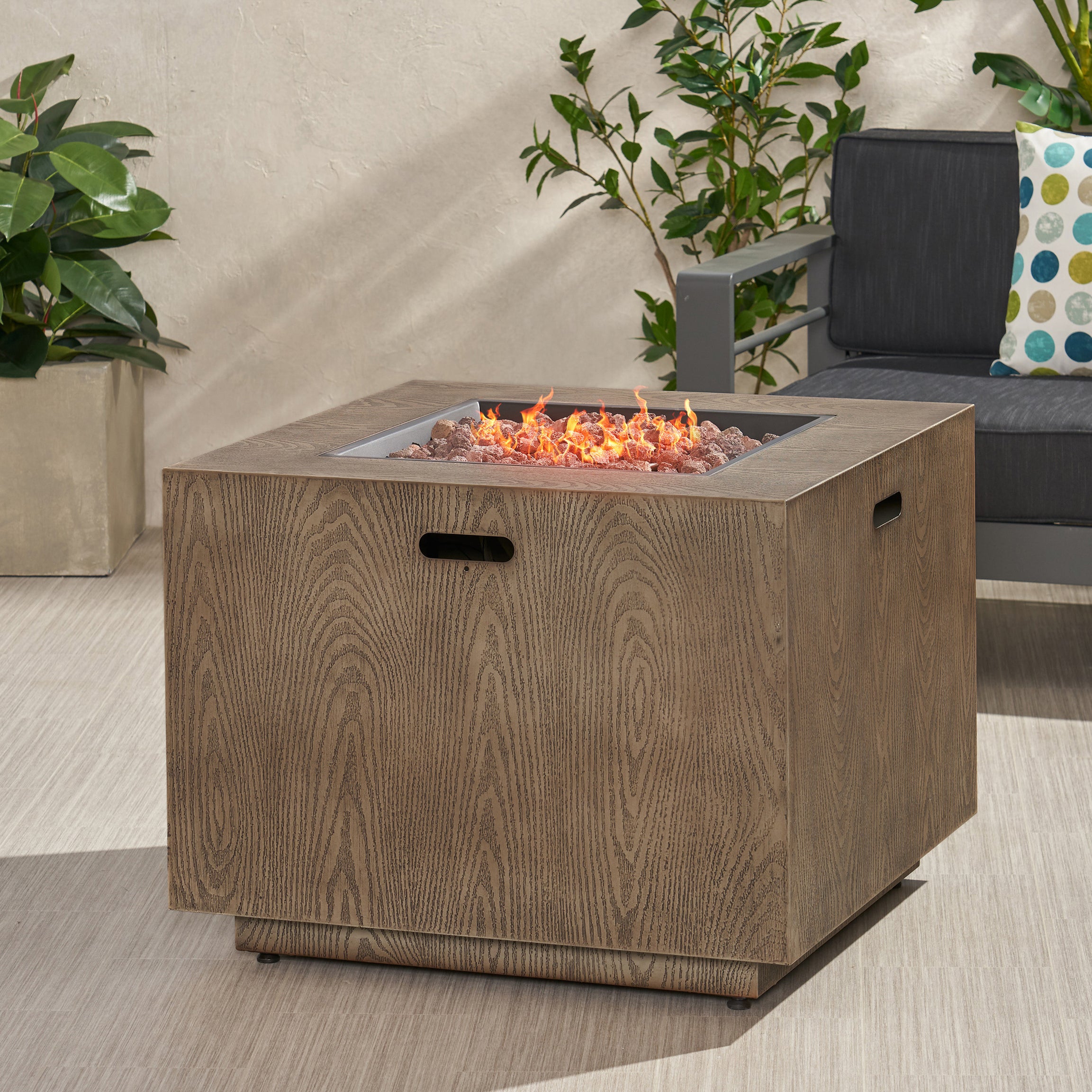 Outdoor Patio Gas Burning Fire Pit - 50, 000 BTU Tank Inside, Square, Iron Wood Pattern, Brown--1