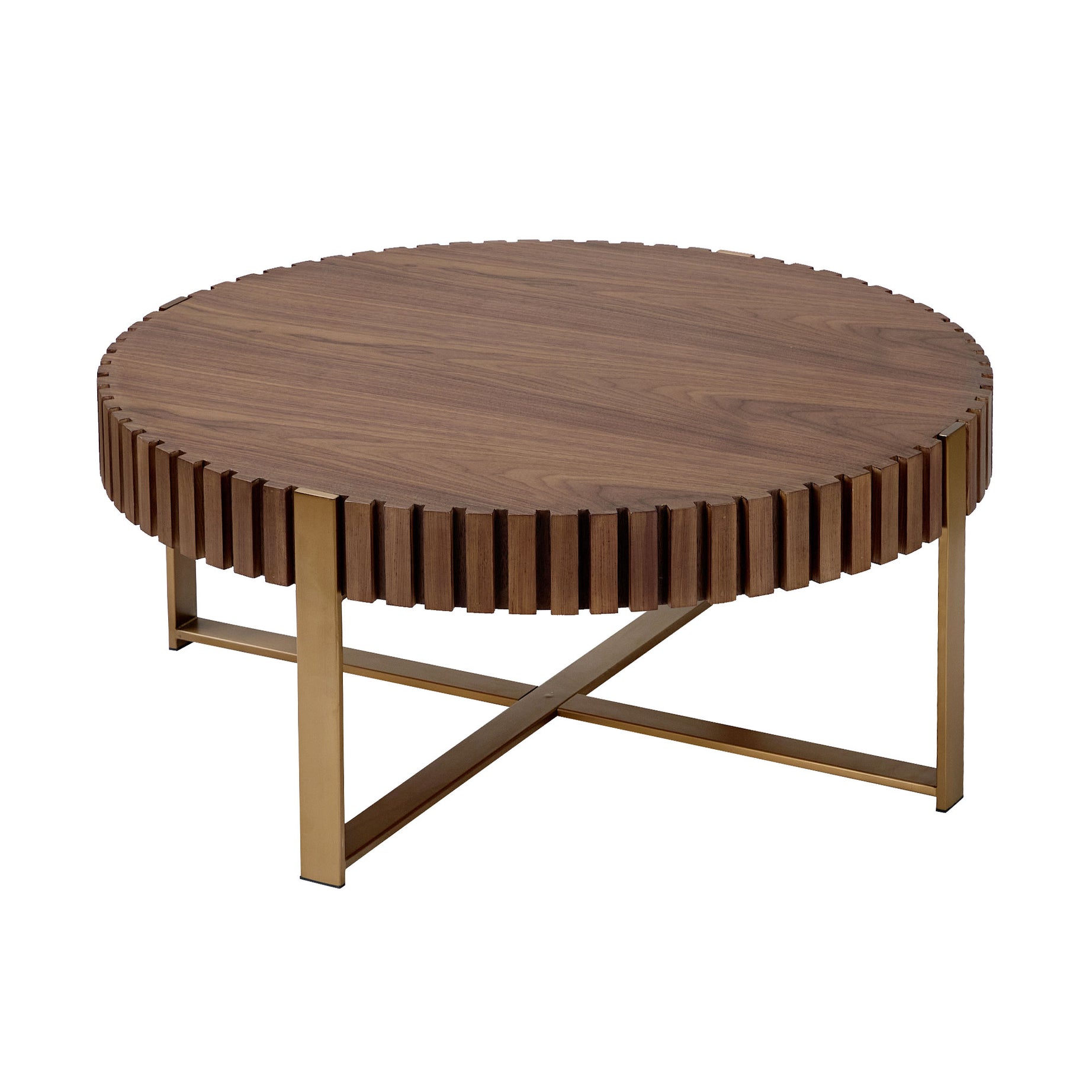 Modern Handcraft Drum Coffee Table 31.5 inch Round Coffee Table for Living Room,Small Coffee Table with Sturdy Pedestal,Walnut--1