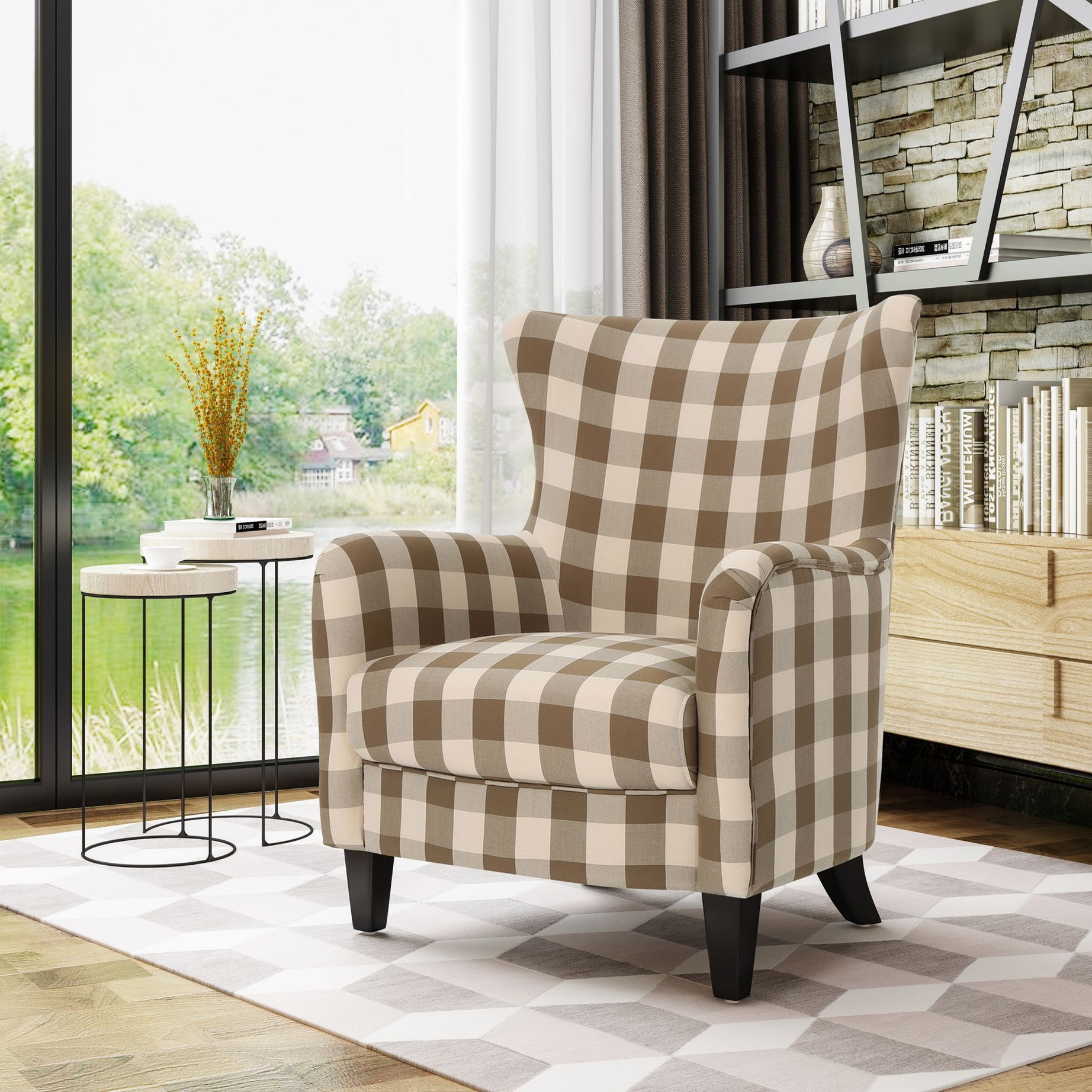 Contemporary Fabric Upholstered Club Chair, Brown & White Checkerboard, Stylish Addition to Living Space, Dimensions: 30.25 inches (L) x 30 inches (W) x 36.25 inches (H)--1