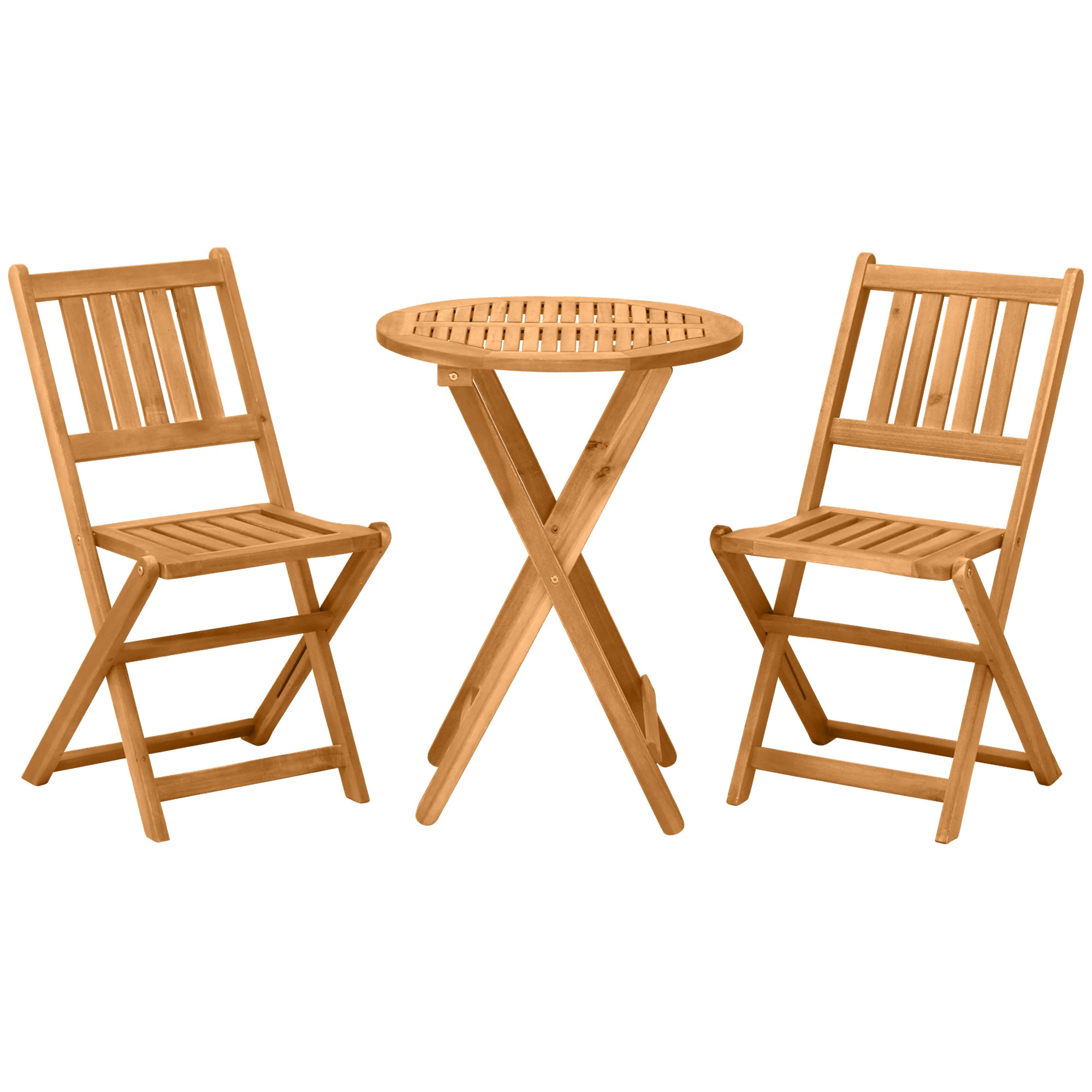 Outsunny 3-Piece Acacia Wood Bistro Set, Folding Patio Furniture with 2 Folding Chairs and Round Coffee Table, Teak, Slatted Finish, for Backyard, Balcony, Deck, Natural--1