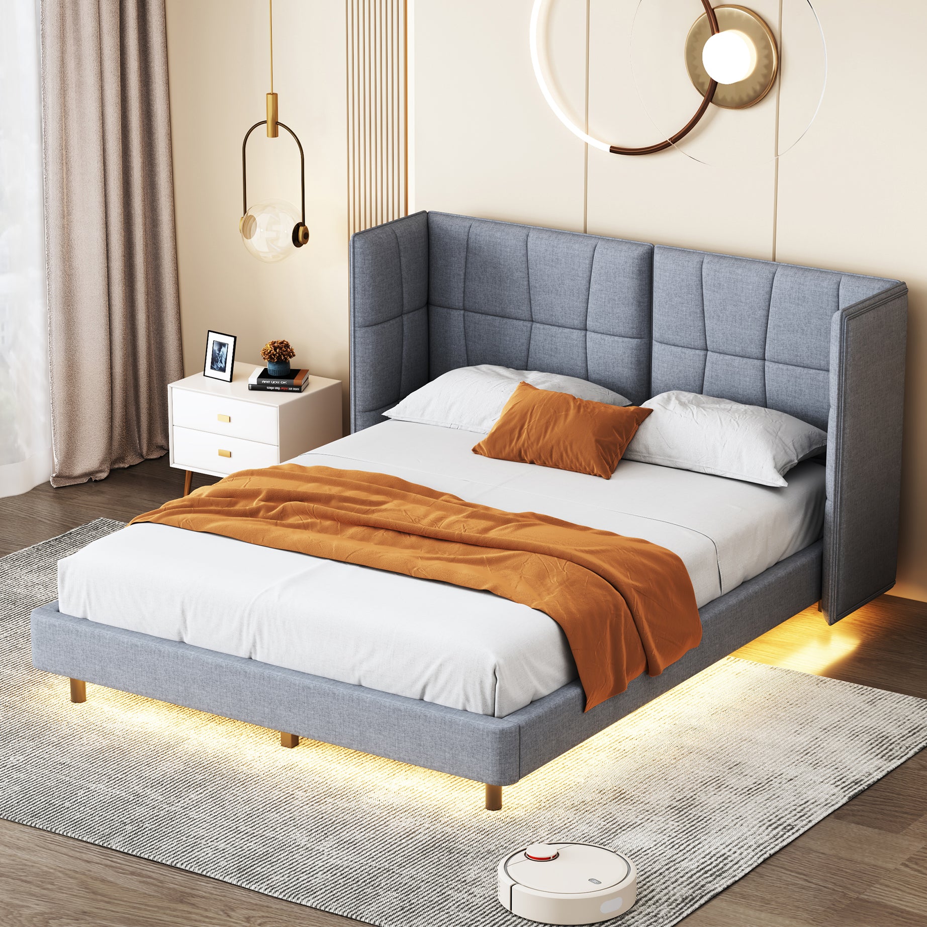 Queen Size Upholstered Platform Bed with LED Lights and U-Shaped Headboard, Linen Fabric, Gray--1