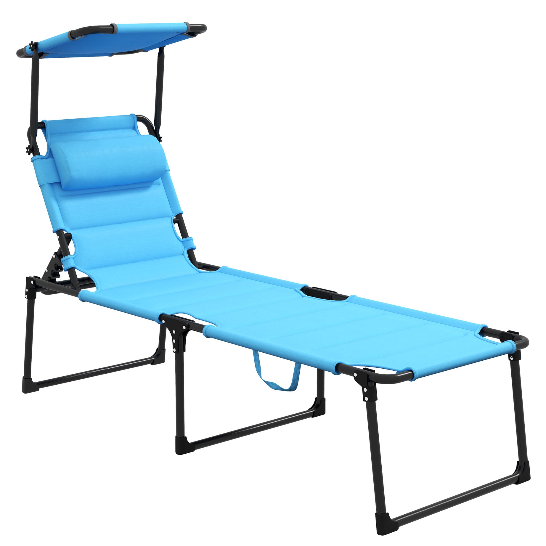 Outsunny Outdoor Lounge Chair, Adjustable Backrest Folding Chaise Lounge, Cushioned Tanning Chair w/Sunshade Roof & Pillow Headrest for Beach, Camping, Hiking, Light Blue--1