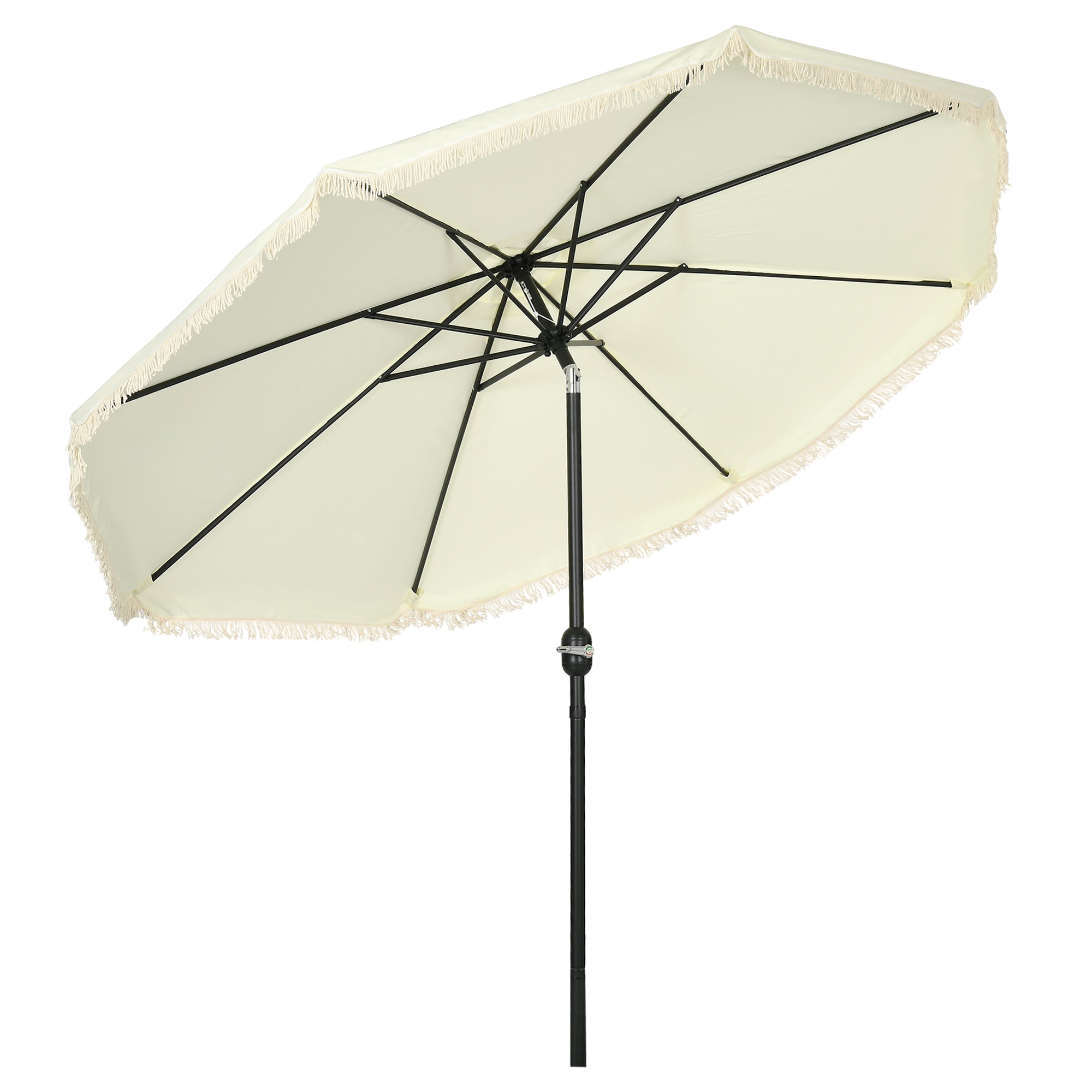 Outsunny 9ft Patio Umbrella with Push Button Tilt and Crank, Ruffled Outdoor Market Table Umbrella with Tassles and 8 Ribs, for Garden, Deck, Pool, Cream White--1