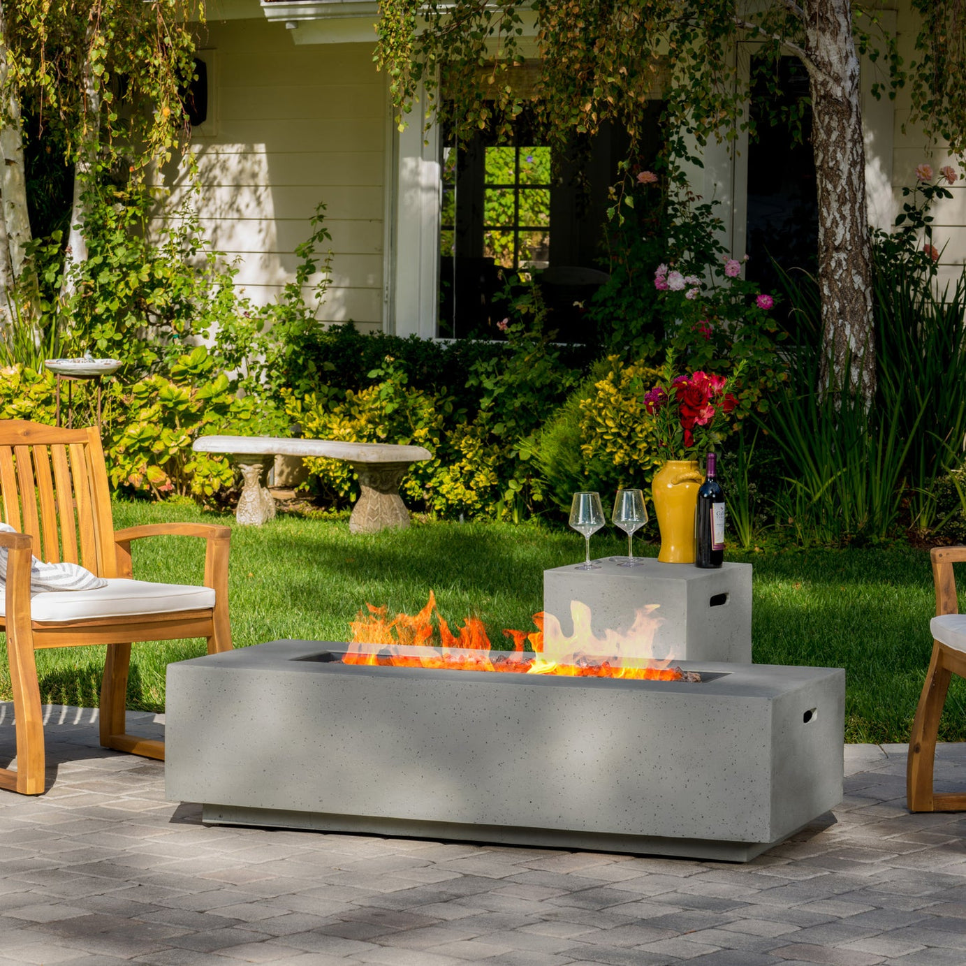 [Ship to Canada only]50000 BTU Outdoor Rectangle MgO Propane Fire Pit Table with Tank Holder - Light Gray--1