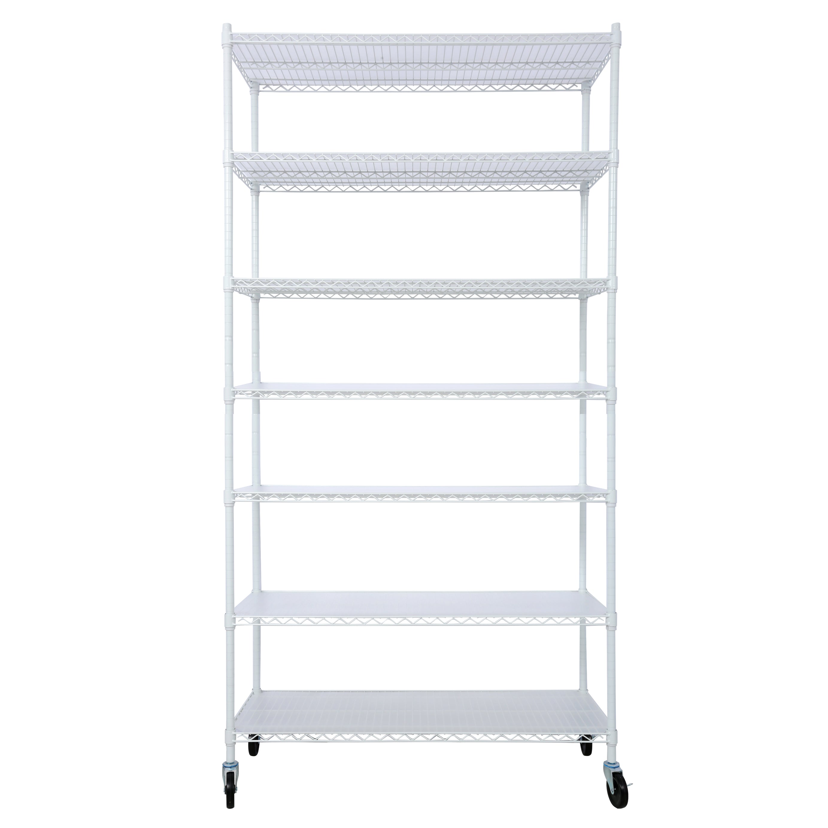 7 Tier Metal Shelf Wire Shelving Unit, 2450lbs Heavy Duty Adjustable Storage Rack with Wheels & Shelf Liners for Closet Kitchen Garage Basement Commercial Shelving - 81.5" H x 48" L x 18" D white--1