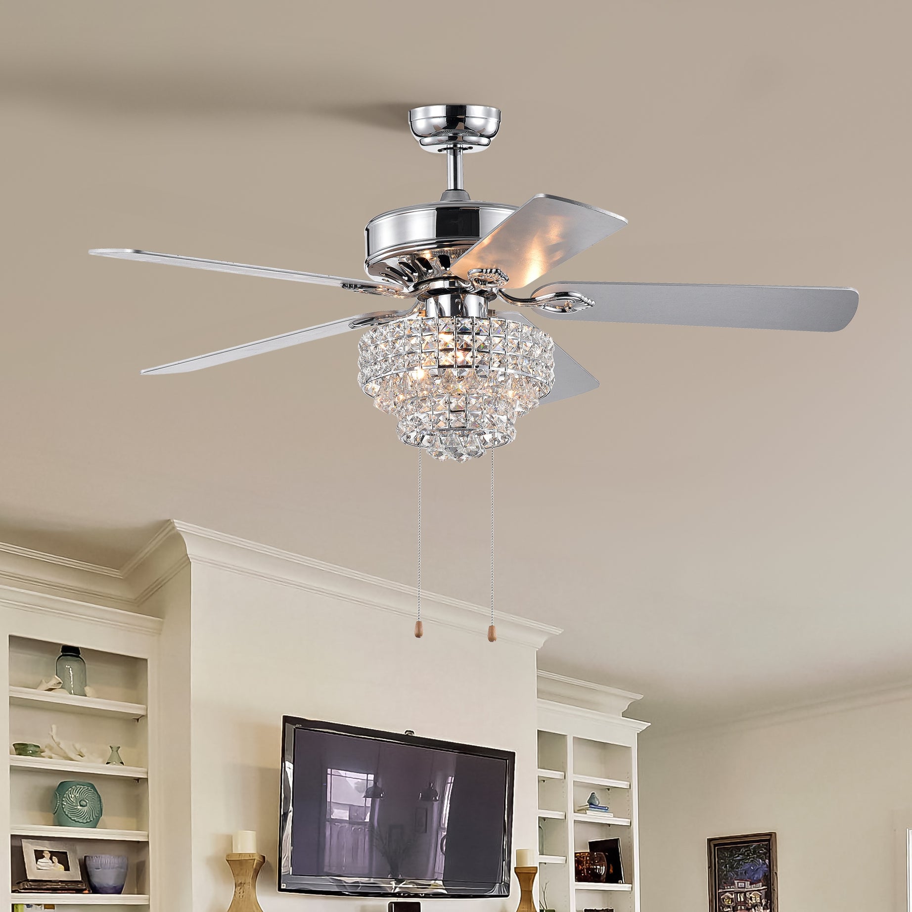 52 INCH  Crystal Ceiling Fan Lamp With Hand Pull Chain  3 Speed (High, Mid, Low), 5 Reversible Blades Ceiling Fan -- Chrome  ,3PCS*E12(NO Include Bulb )--1