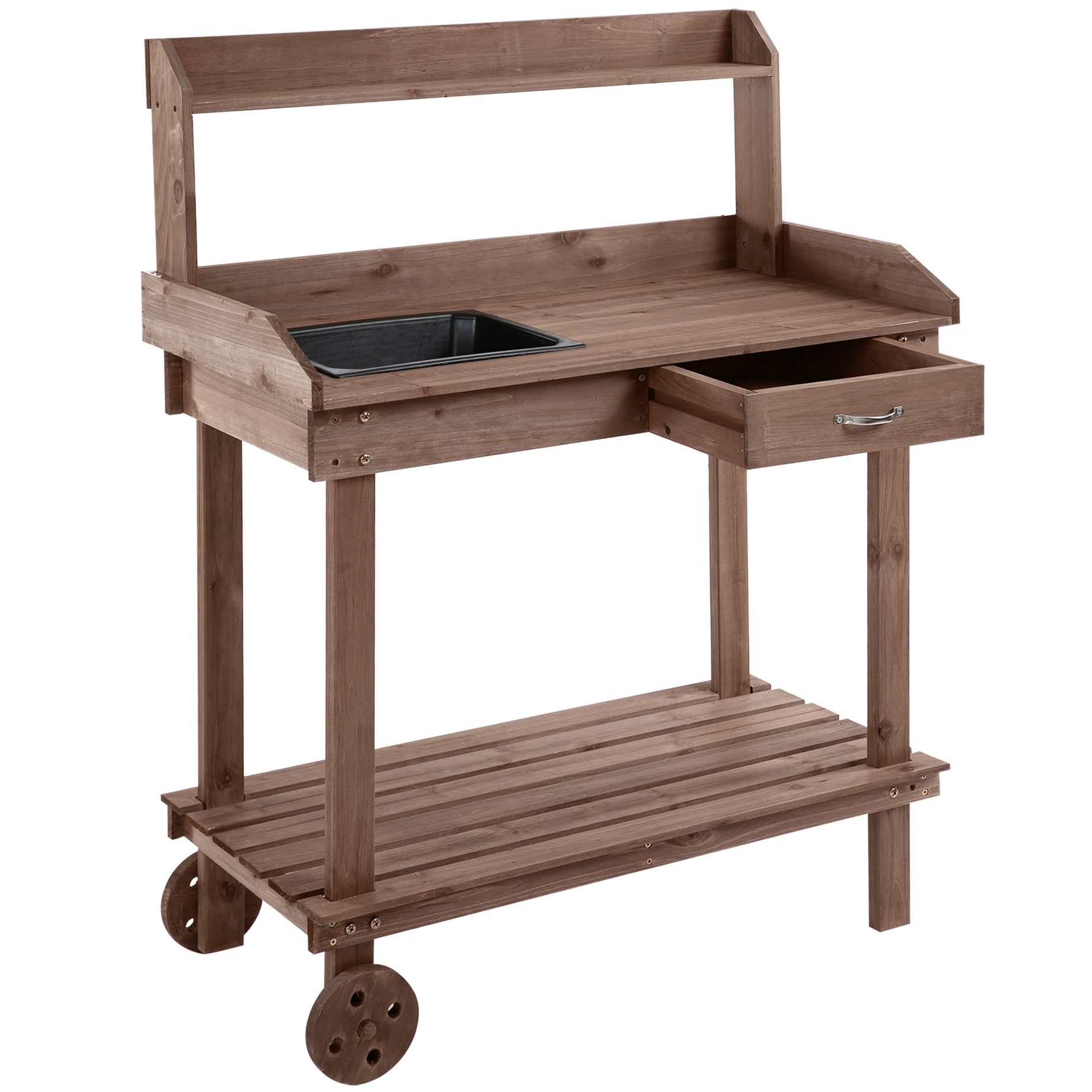 Outsunny 36'' Wooden Potting Bench Work Table with 2 Removable Wheels, Sink, Drawer & Large Storage Spaces, Brown--1