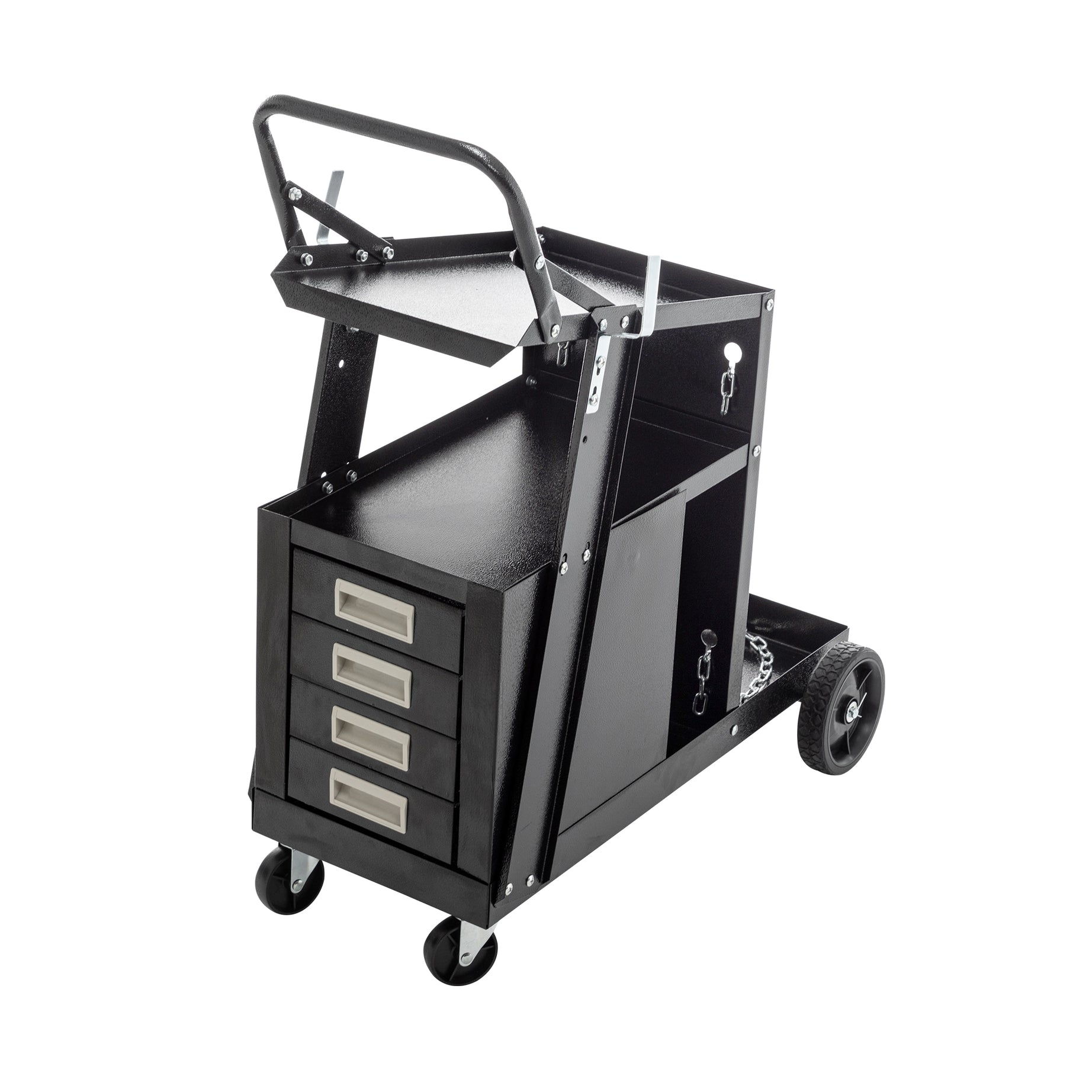 2-Tier 4 Drawers Welding Cart, Welder Cart with 265LBS Static Weight Capacity, 360° Swivel Wheels, Tank Storage Safety Chains, Heavy Duty Rolling for Mig Welder and Plasma Cutter--1