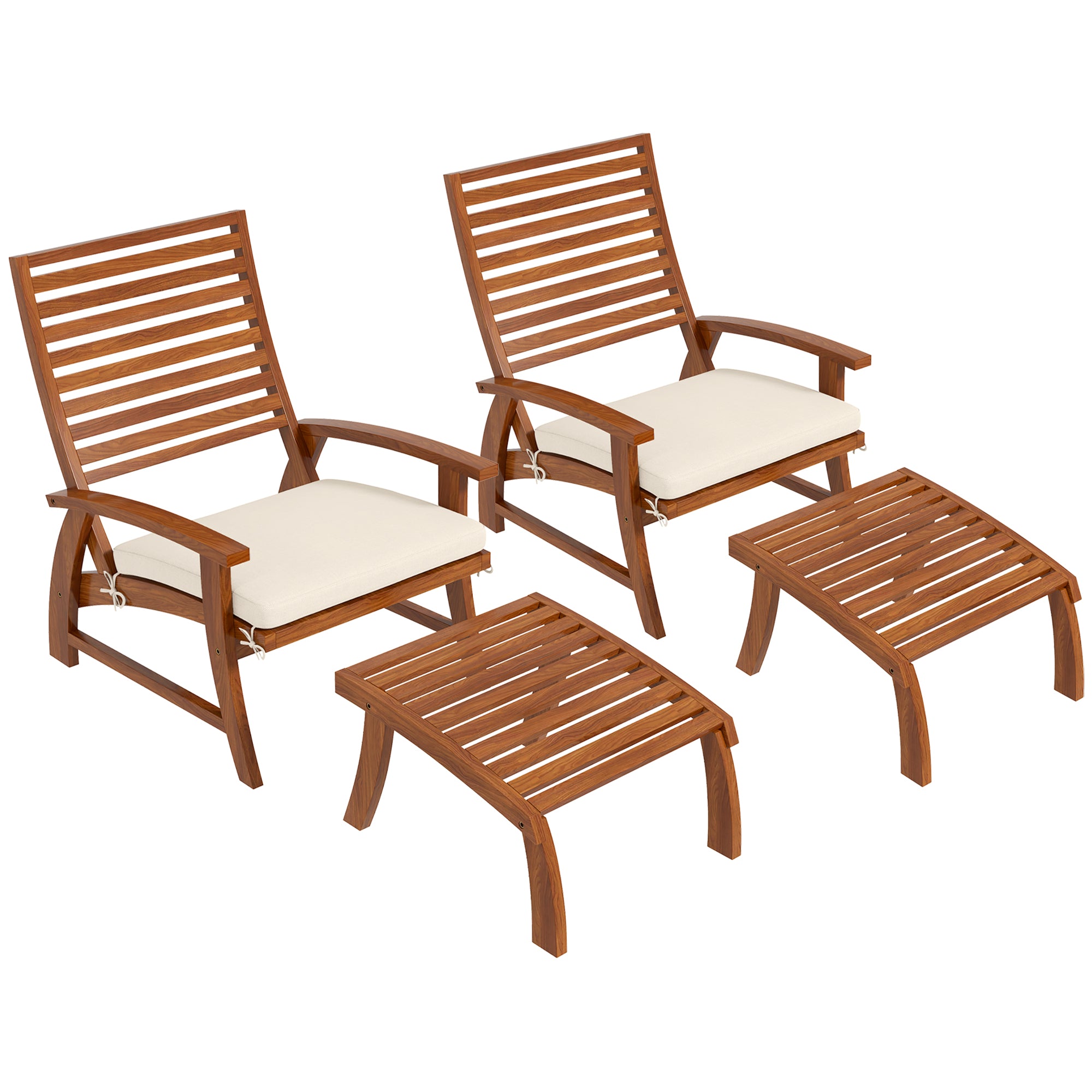 Outsunny 4 Pieces Patio Chairs with Cushion, Outdoor Dining Chairs Set of 4, Acacia Wood Seat with Footstools, Slatted Seat & Backrest, Armrests, Cream White--1