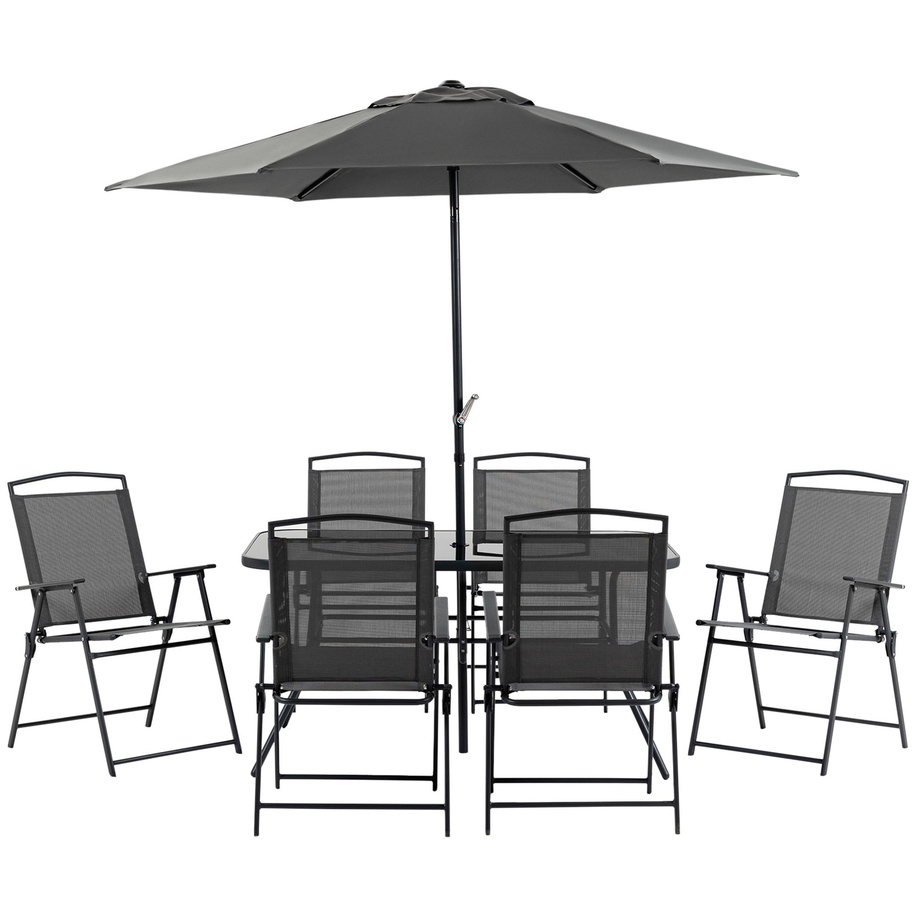 Outsunny 8 Piece Patio Dining Set with Table Umbrella, 6 Folding Chairs and Rectangle Dining Table, Outdoor Patio Furniture Set, Black--1