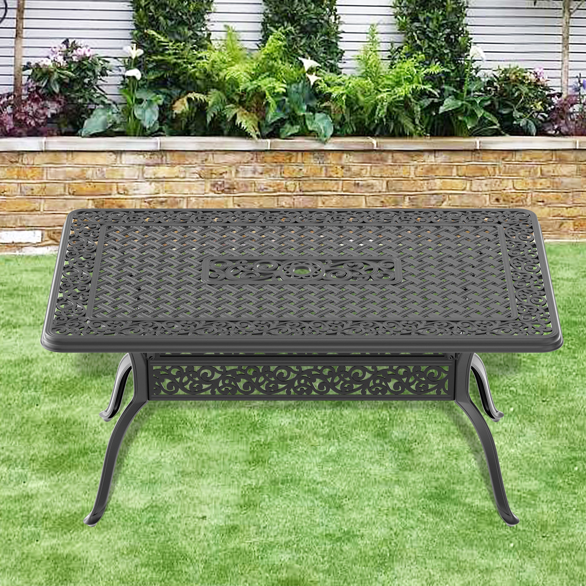 L59.05*W35.43-inch Cast Aluminum Patio Dining Table with Black Frame and Umbrella Hole--1