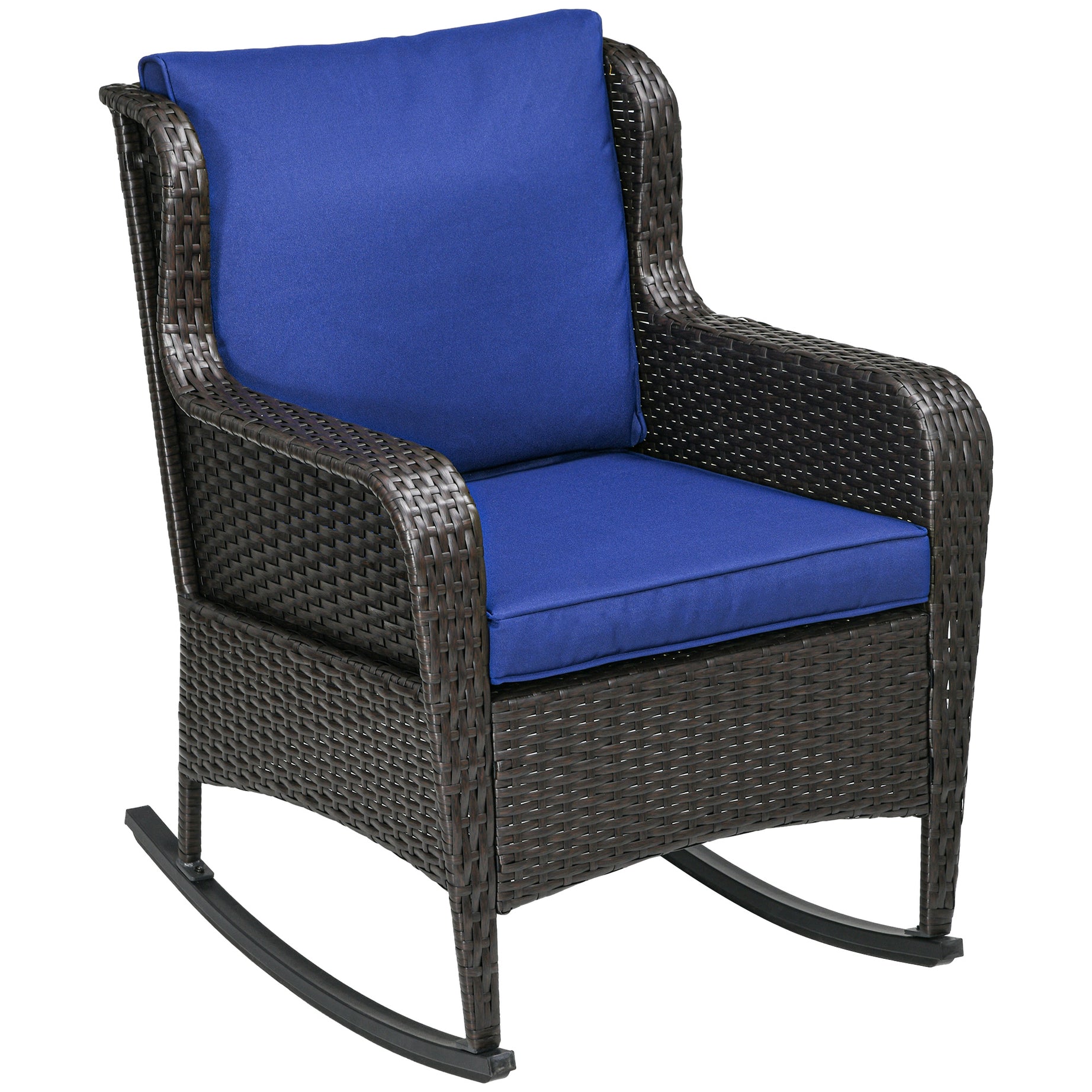 Outsunny Outdoor Wicker Rocking Chair with Wide Seat, Thick Cushions, Rattan Rocker with Steel Frame, High Weight Capacity for Patio, Garden, Backyard, Dark Blue--1