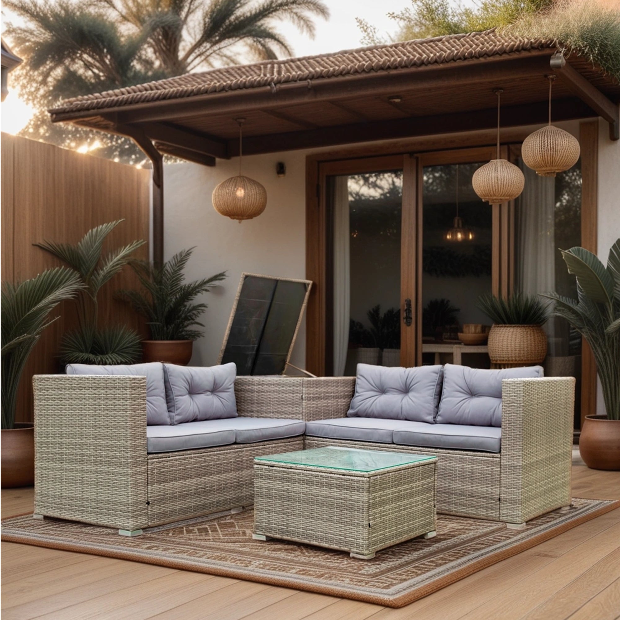 4 Piece Patio Sectional Wicker Rattan Outdoor Furniture Sofa Set with Storage Box Grey--1