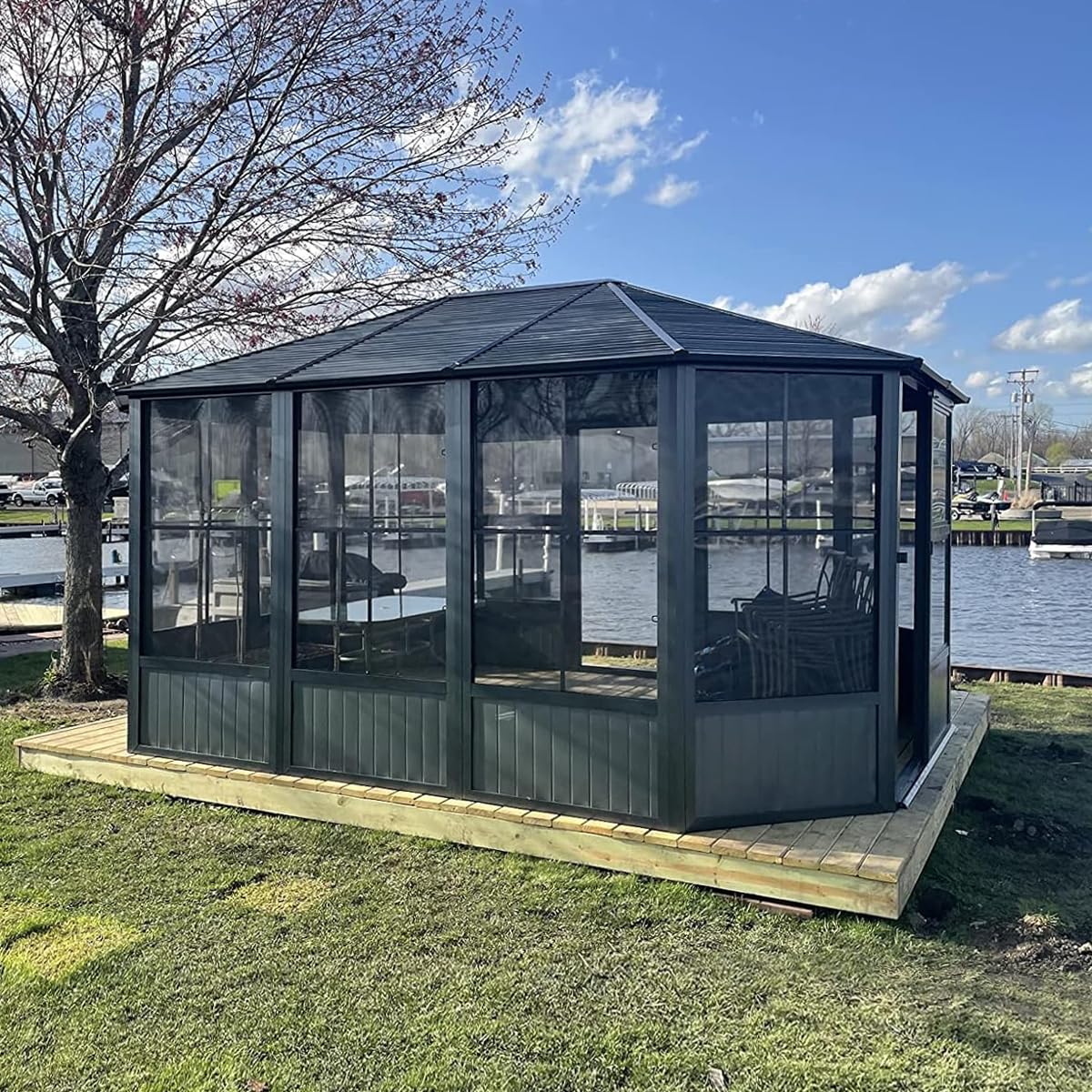 13 x 13 FT Sunroom Octagonal Solarium,Screen Houses for Outdoors Backyard with Lockable Sliding Door,Moveable PC Screen,Galvanized Steel Sloping Roof--1