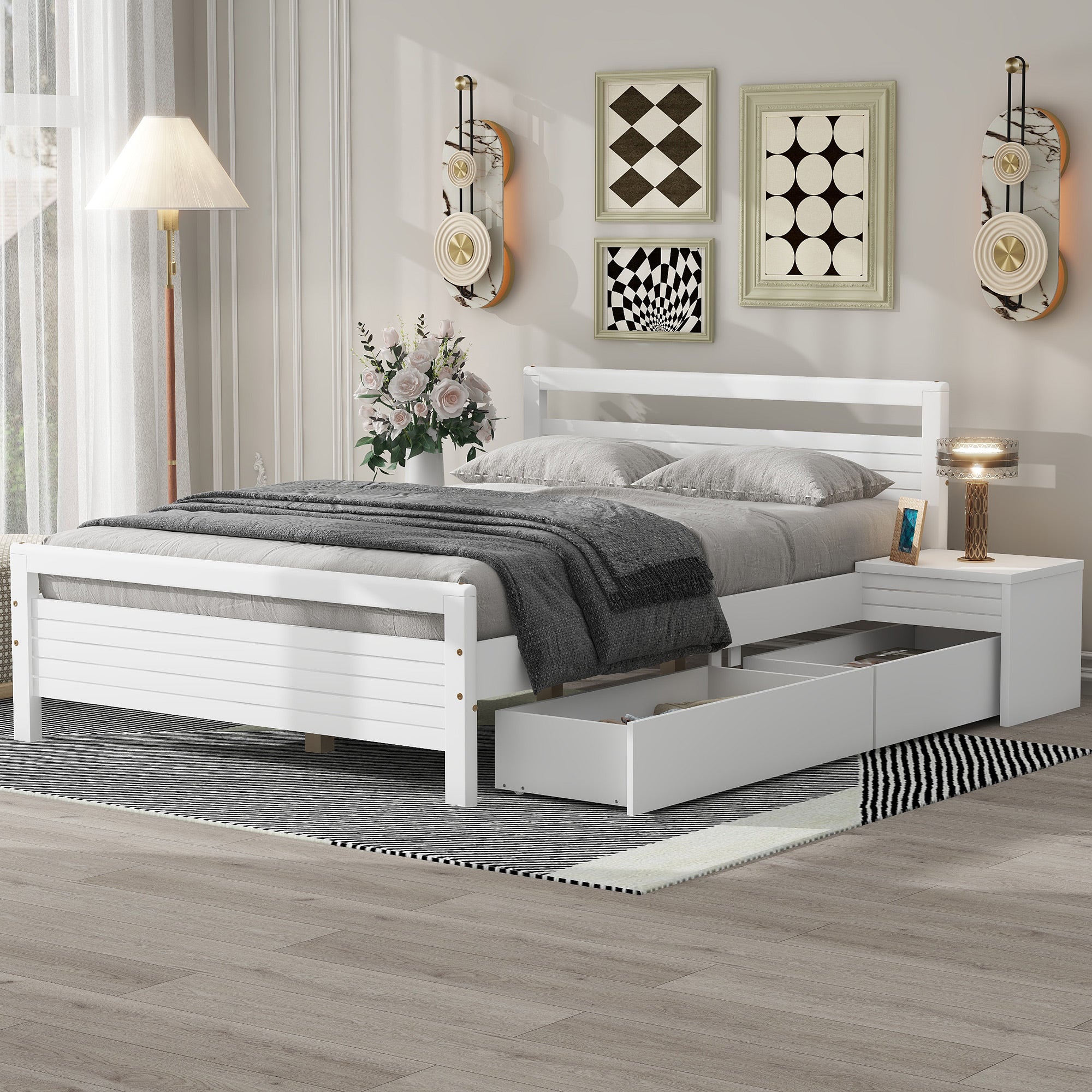 Full Size Wooden Platform Bed with 2 Storage Drawers and 2 bedside tables, White--1