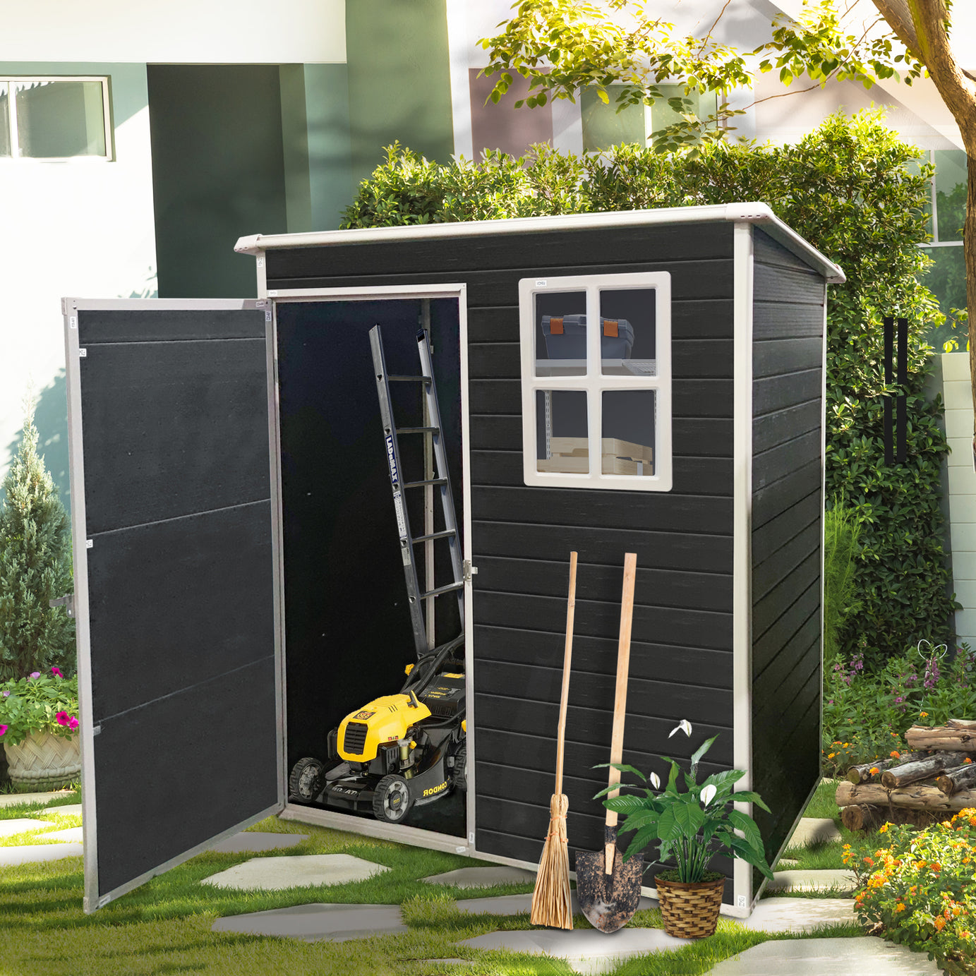 5x3ft Resin Outdoor Storage Shed Kit-Perfect to Store Patio Furniture,Black--1