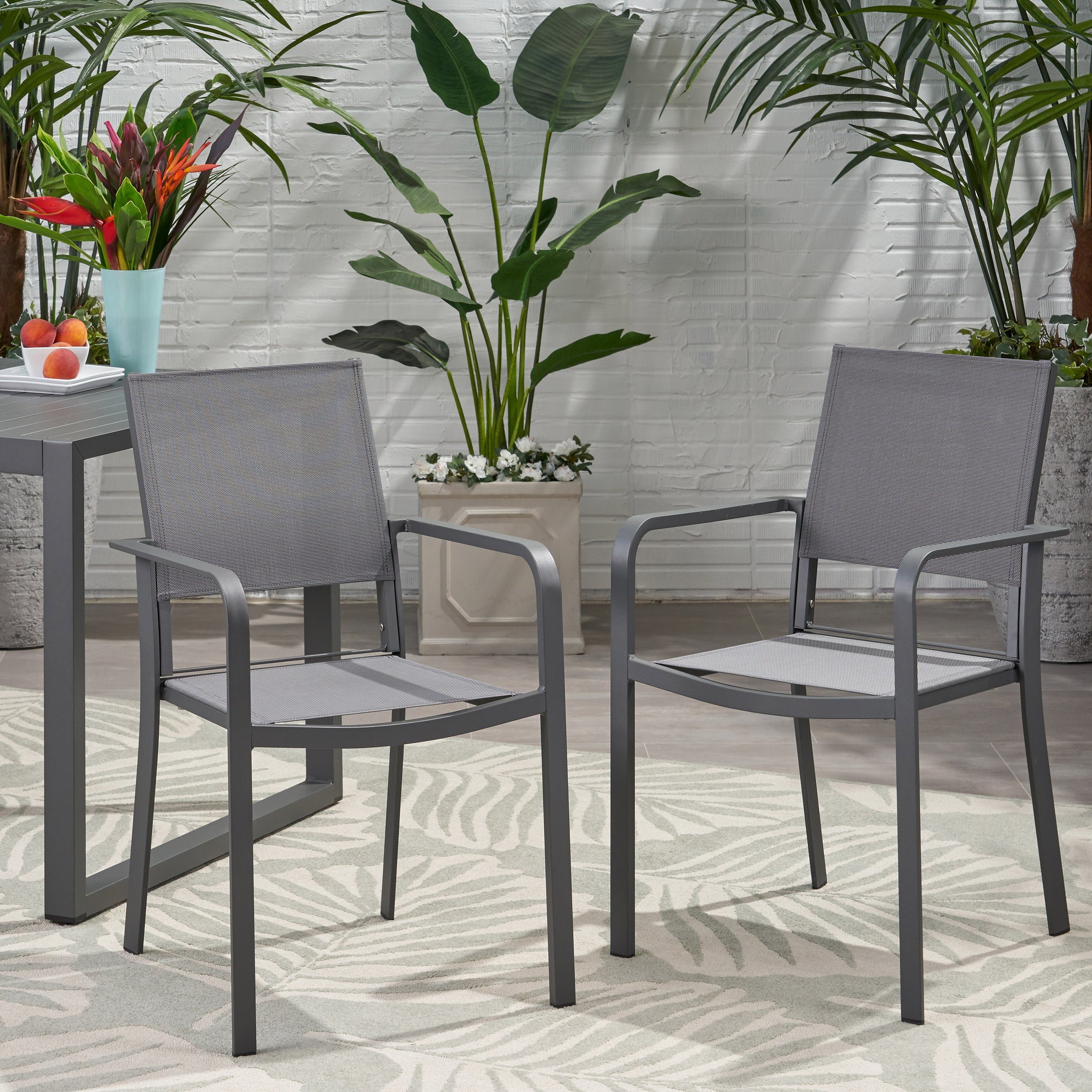 Outdoor Modern Aluminum Dining Chair with Mesh Seat (Set of 2), Gun Metal Gray and Dark Gray--1