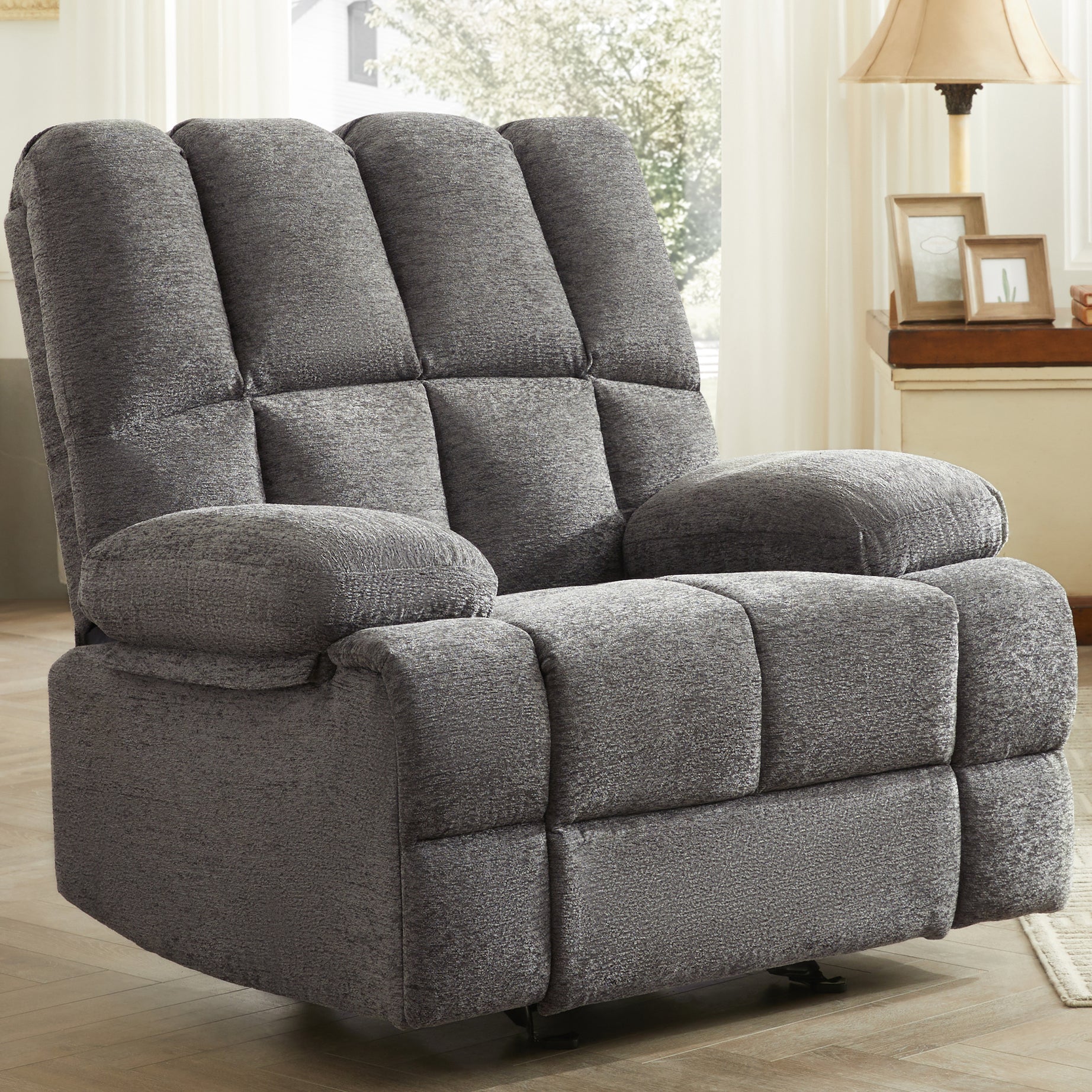 Oversize Rocker Recliner Chair for Adults, Extra Wide Rocking Recliner Chair Manual Recliner, Bid Man Recliners, Limestone Grey--1