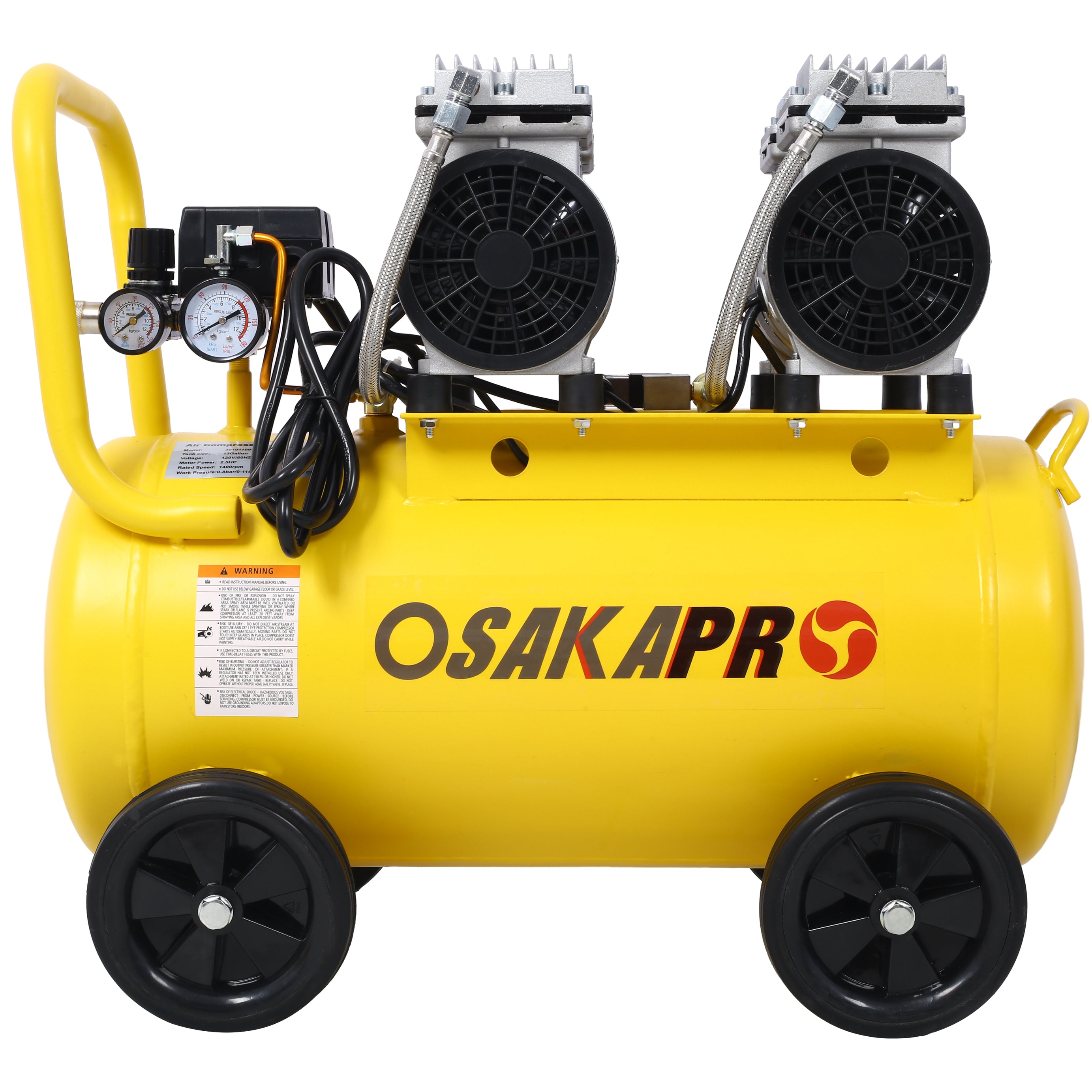 2.5 HP Ultra Quiet Air Compressor 13 Gallon, Oil-Free, Electric Shop Air Compressor Portable,Lightweight with Wheels, 70 dBA Noise Level, with Automatic Drain Valve,Yellow--1