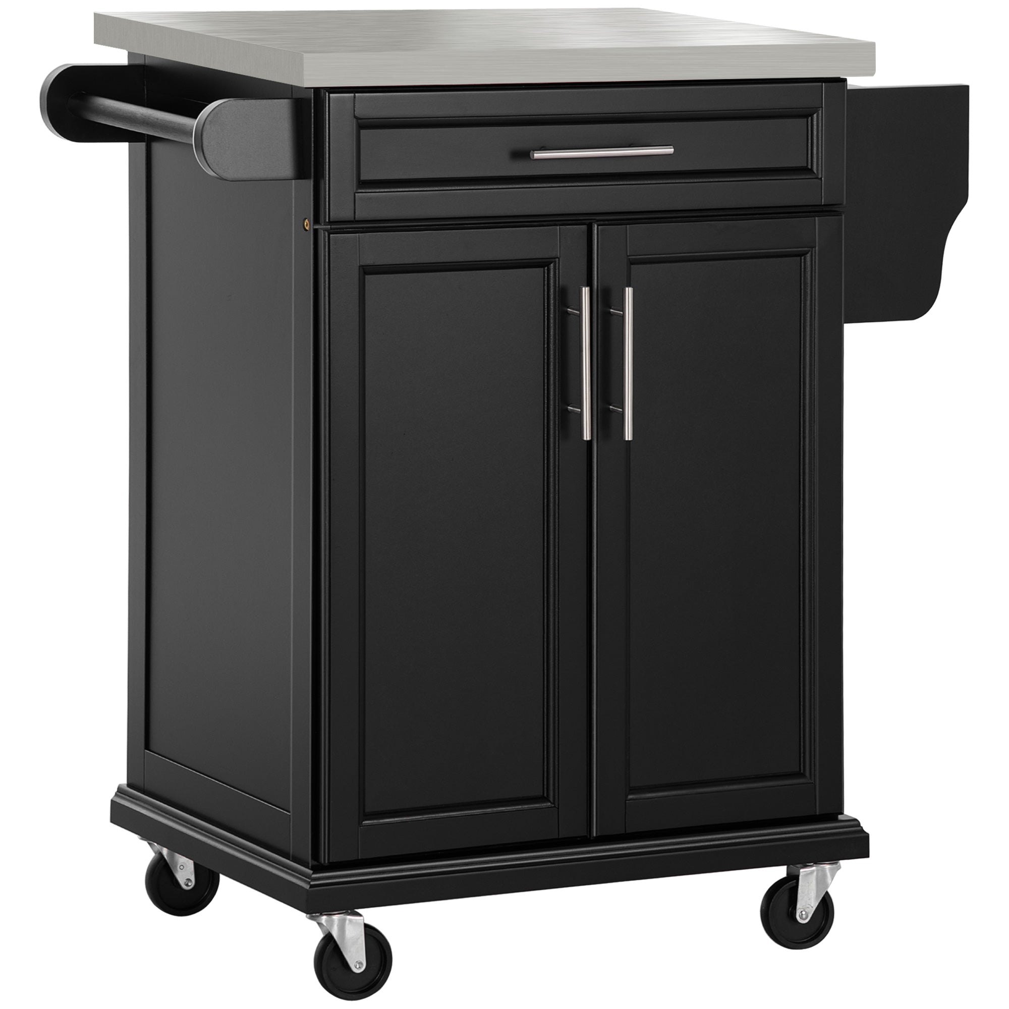 HOMCOM Kitchen Island on Wheels, Rolling Kitchen Cart with Stainless Steel Countertop, Drawer, Towel Rack and Spice Rack, Utility Storage Trolley, Black--1