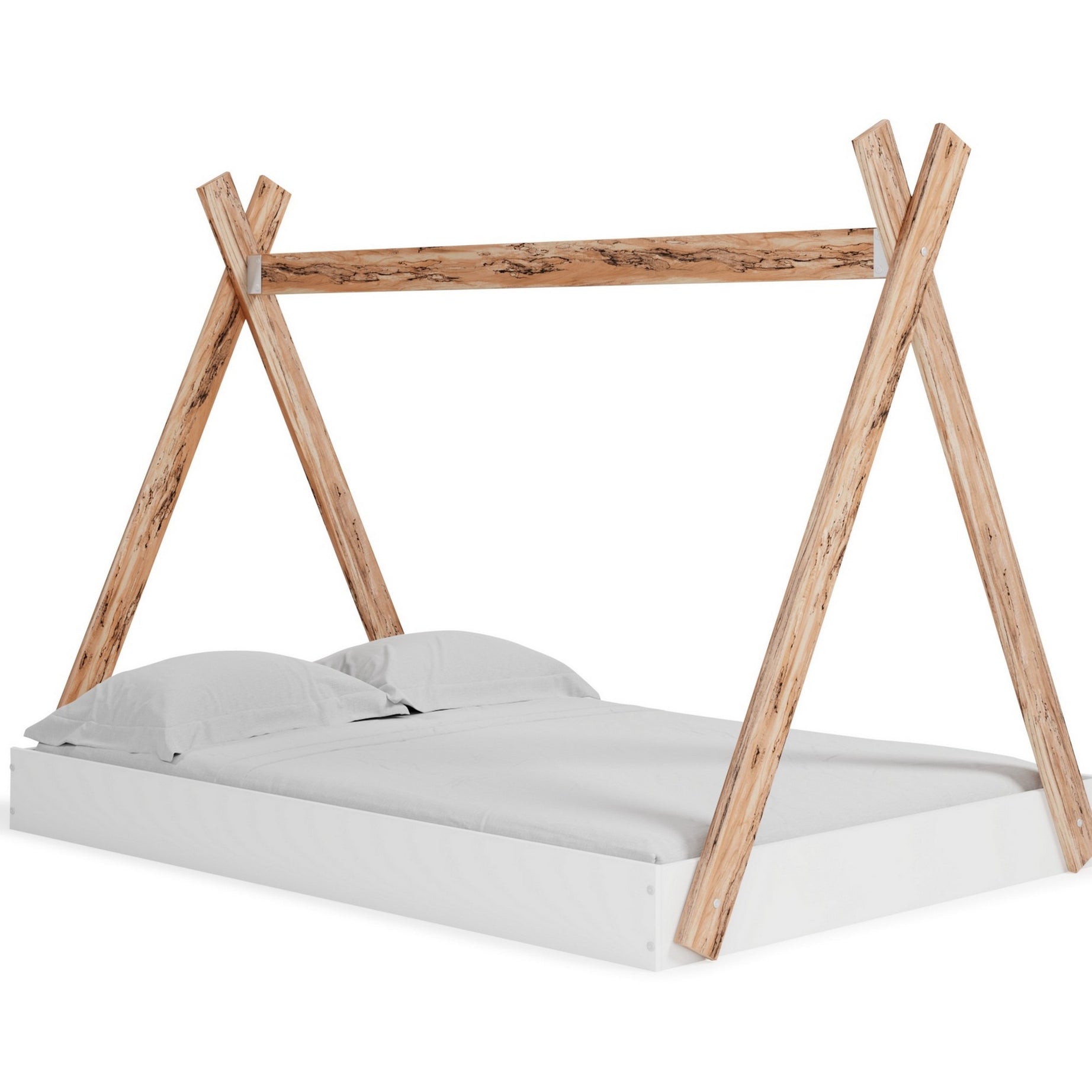 Pipa Modern Full Bed, Crossed Wood A Frame Tent Stand, Crisp White Base--1