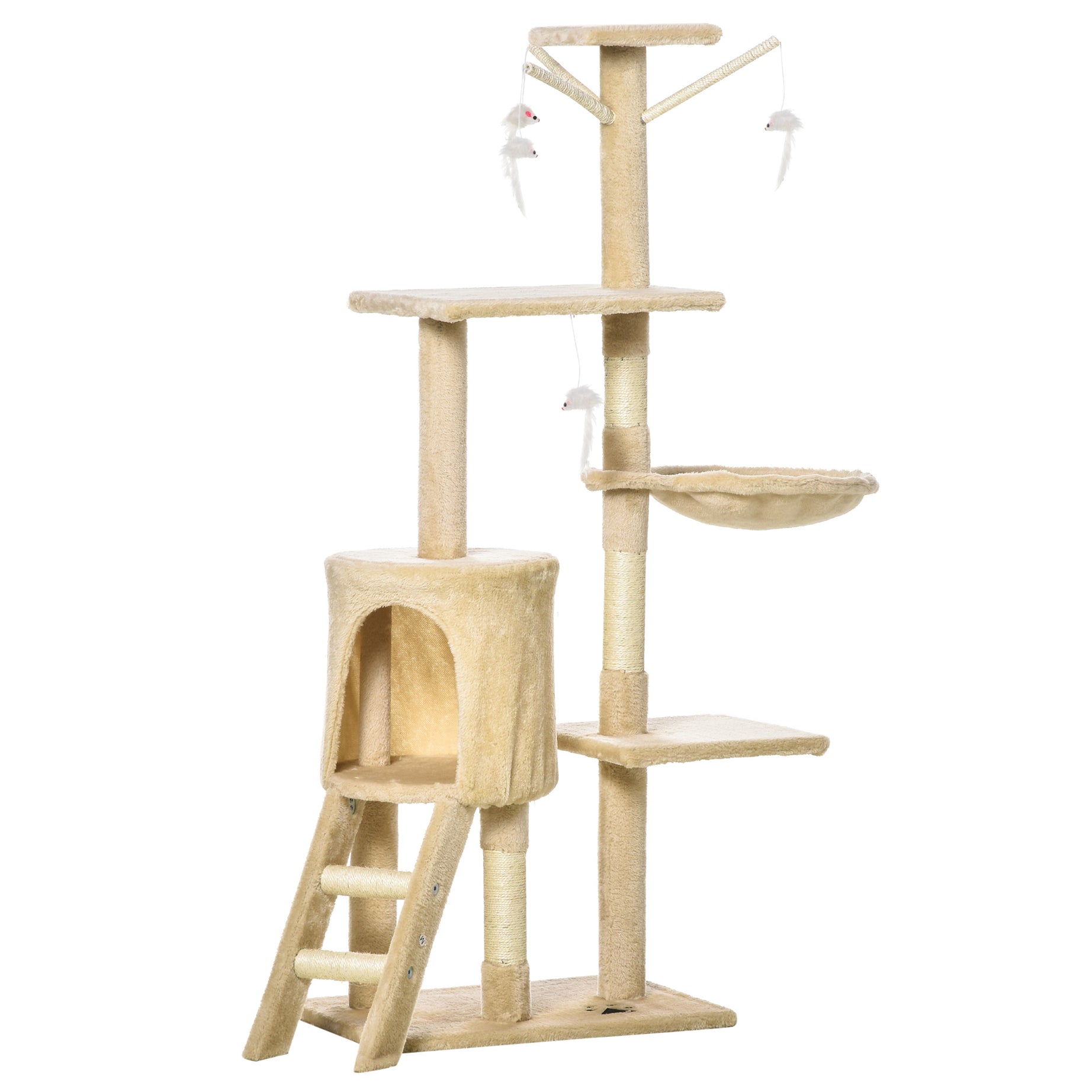 PawHut 53" Plush Sturdy Interactive Cat Condo Tower Scratching Post Activity Tree House - Beige--1