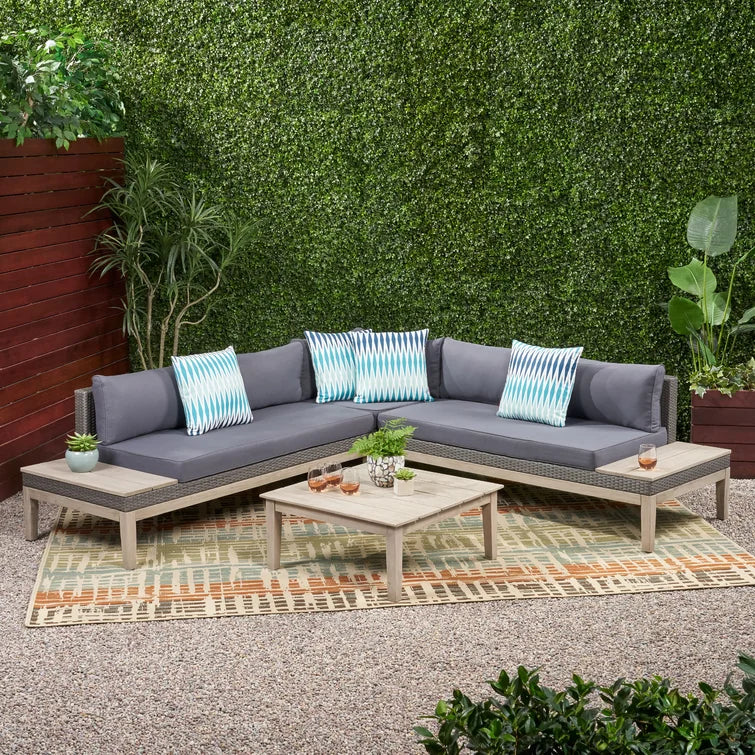 Loft Outdoor Acacia Wood and Wicker 5 Seater Sectional Sofa Set--1