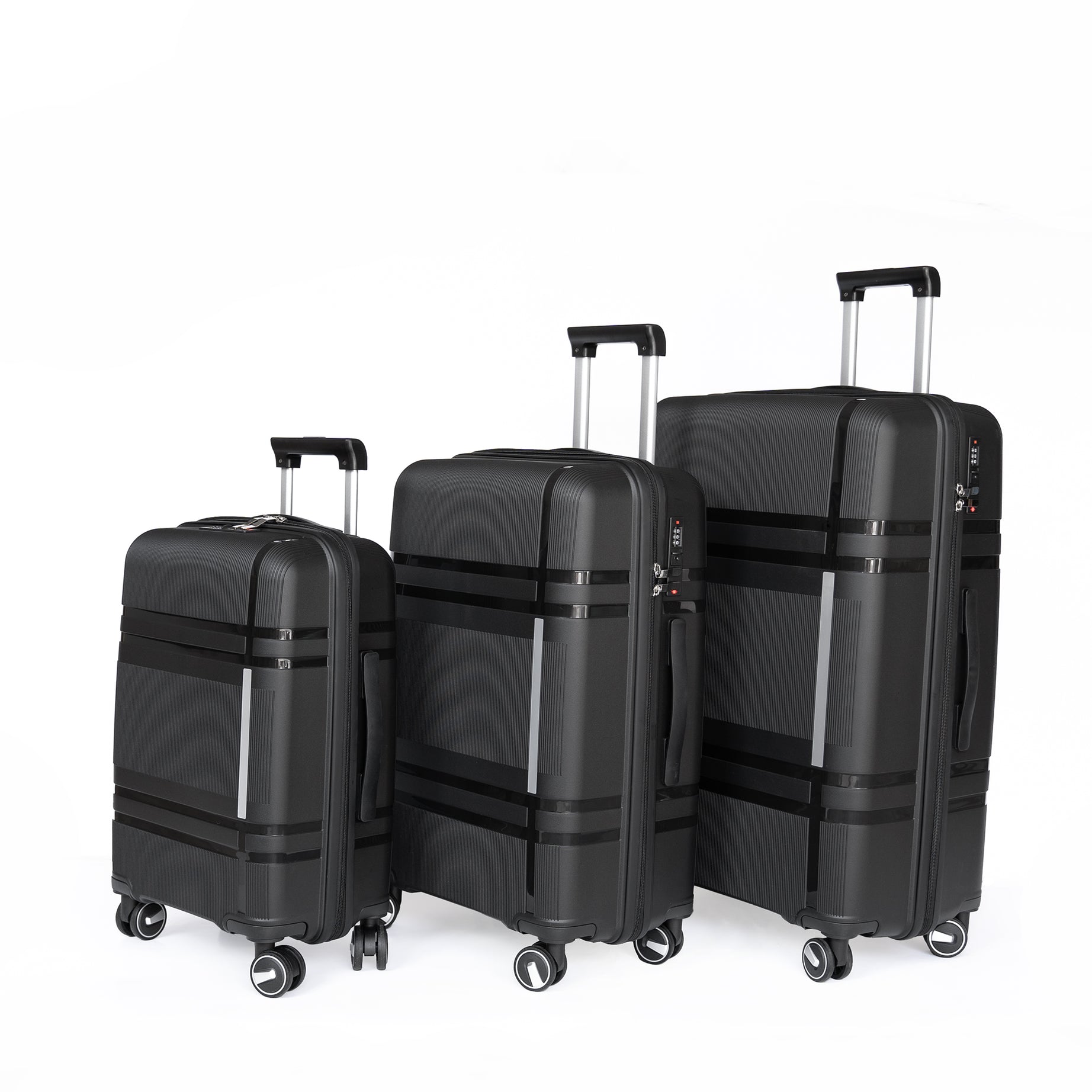 3 Piece Luggage Sets PP Lightweight Suitcase with Two Hooks, Spinner Wheels, (20/24/28) BLACK--1