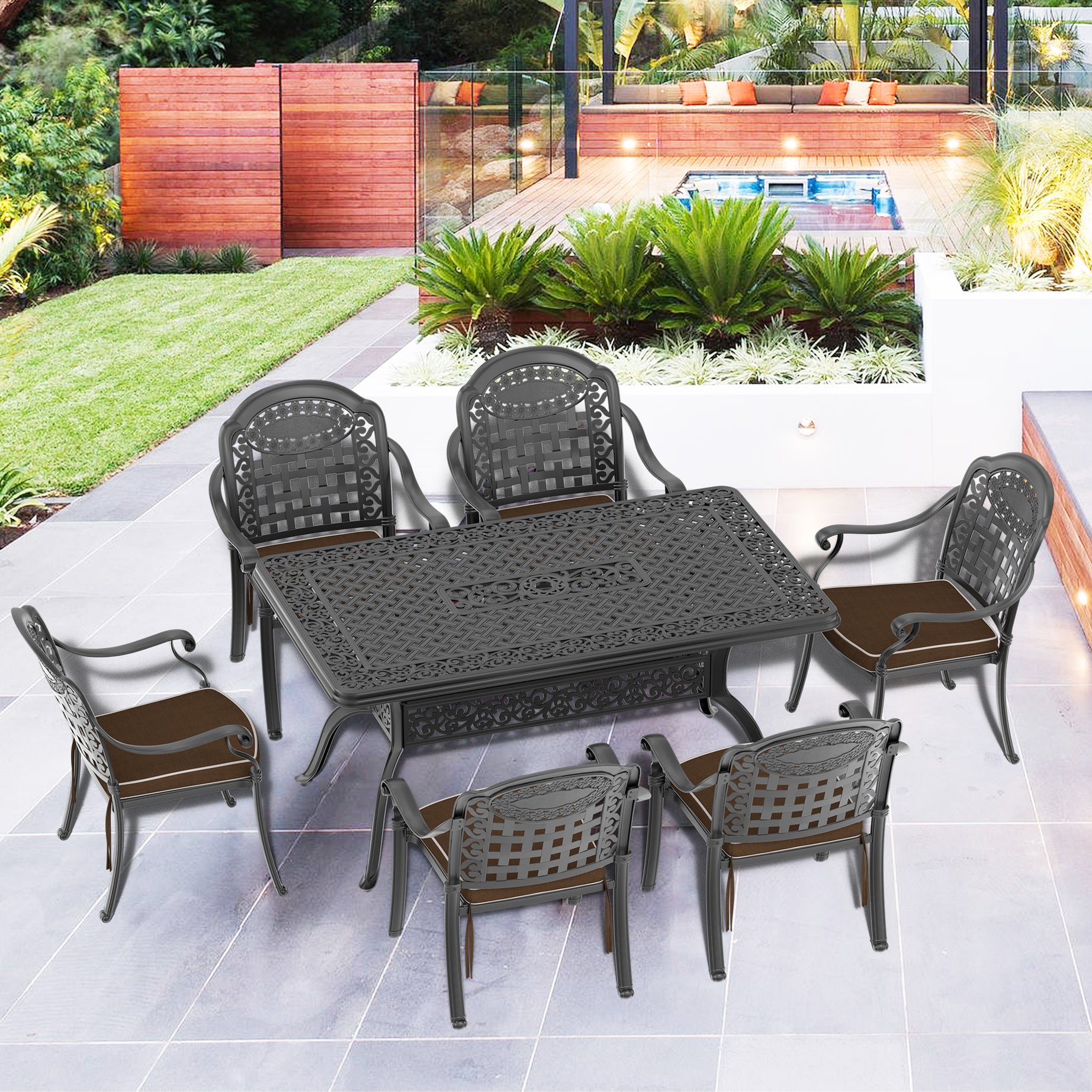 (Cushions In  Random Colors)7-Piece Set Of Cast Aluminum Patio Furniture With  Cushions--1