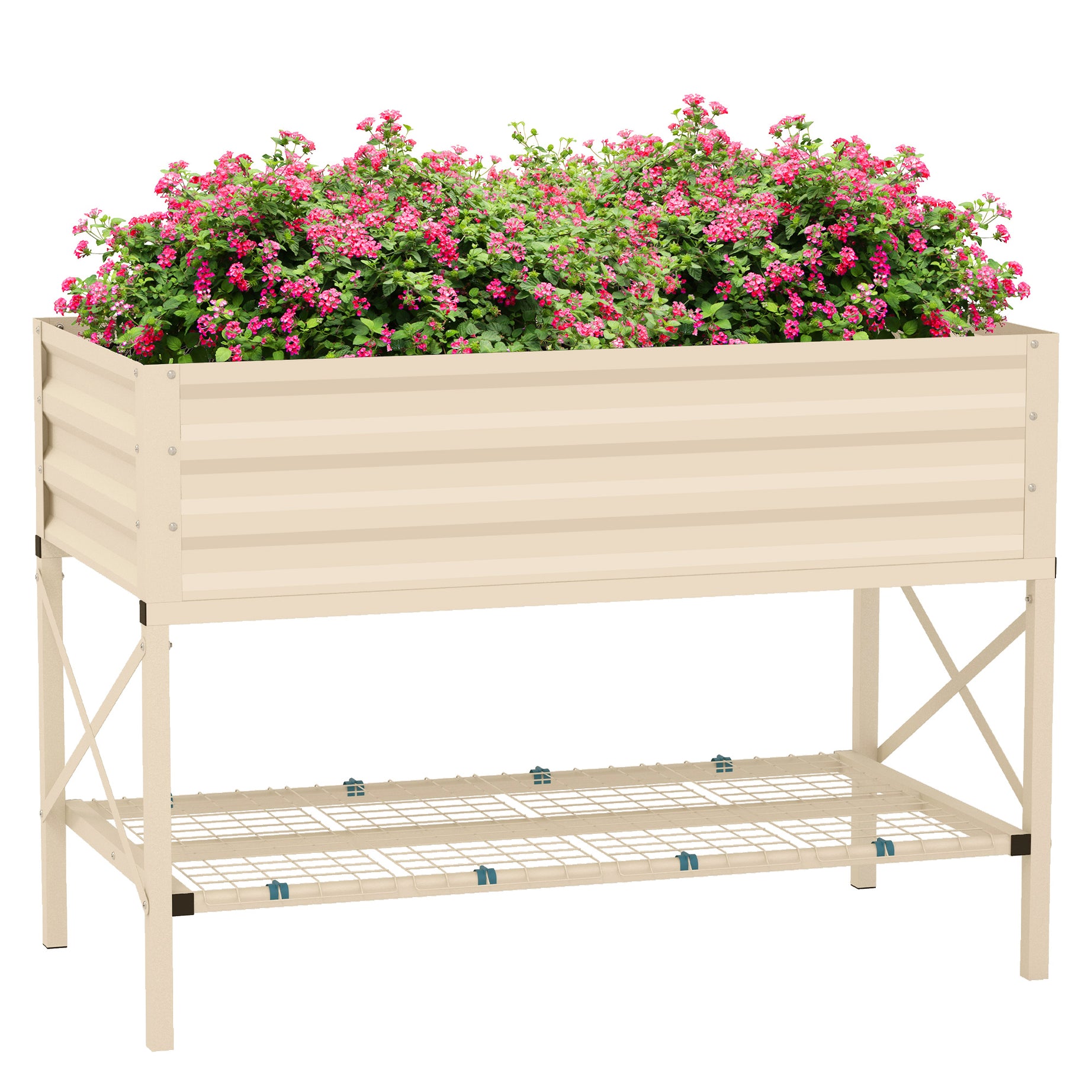 Outsunny Raised Garden Bed with Galvanized Steel Frame, Storage Shelf and Bed Liner, Elevated Planter Box with Legs for Vegetables, Flowers, Herbs, Cream--1