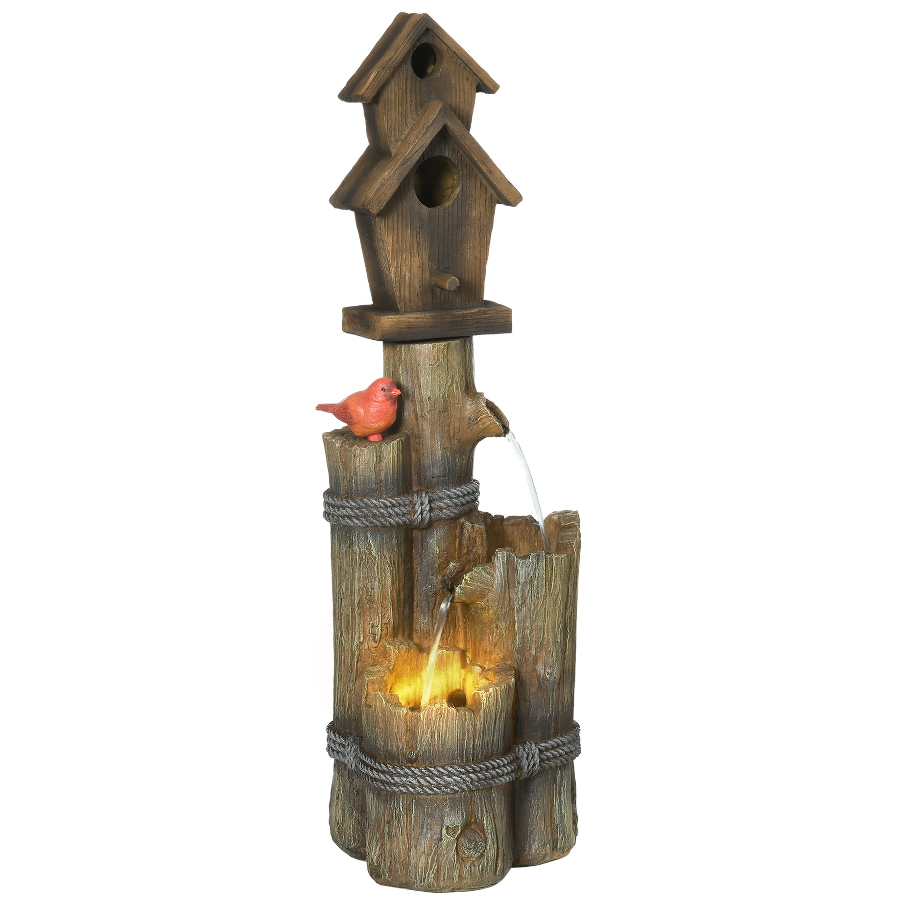 Outsunny Outdoor Fountain with Birdhouse, Cascading Garden Waterfall Bird Bath with 3-Tier Rustic Tree Trunk / Log Design, LED Lights for Porch, Deck, Yard Decor, Brown--1