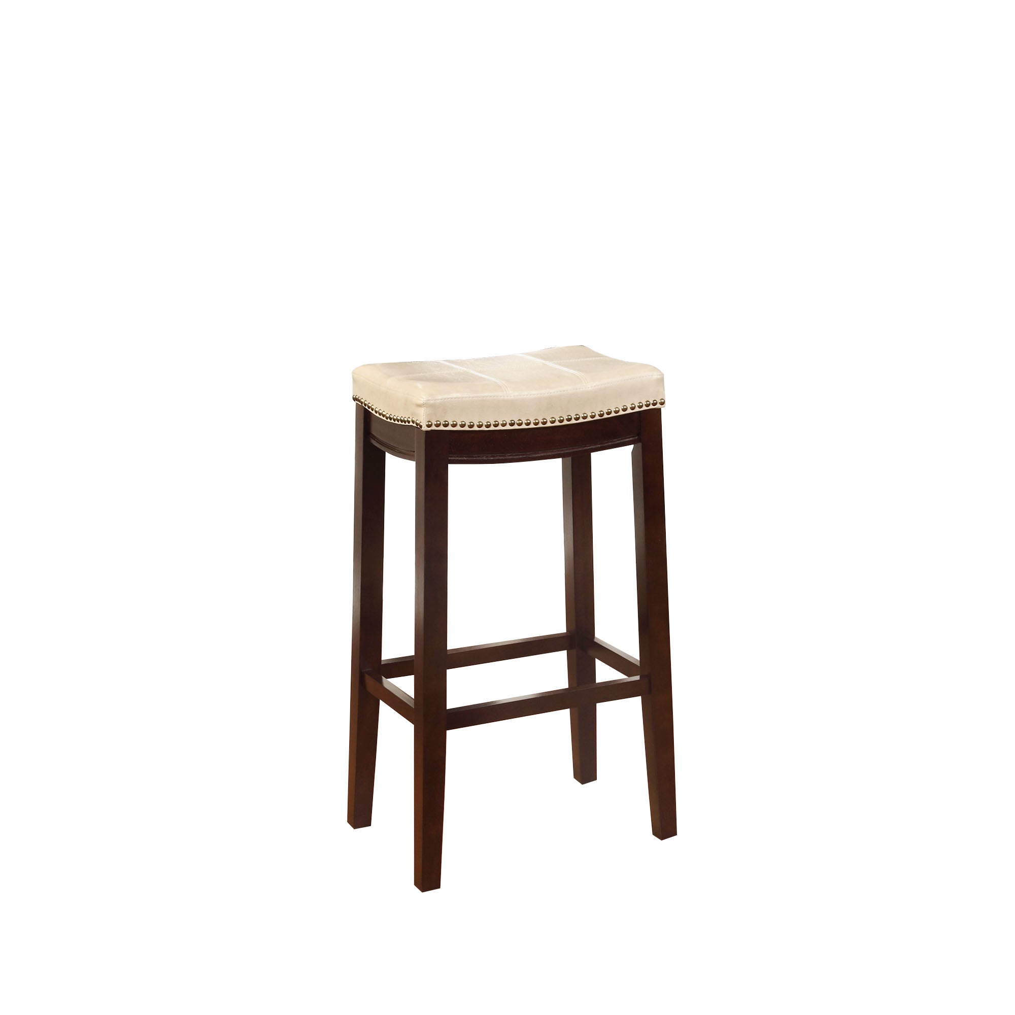 Wooden Bar Stool with Faux Leather Upholstery, Cream and Brown--1