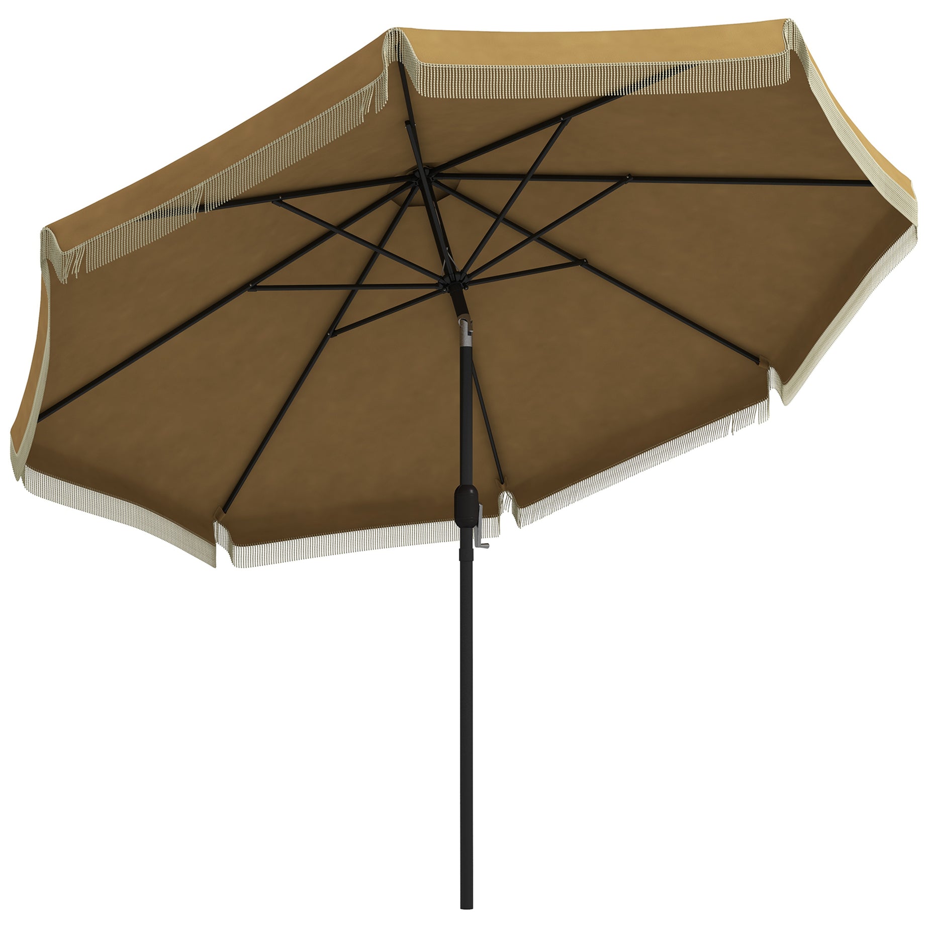 Outsunny 9ft Patio Umbrella with Push Button Tilt and Crank, Ruffled Outdoor Market Table Umbrella with Tassles and 8 Ribs, for Garden, Deck, Pool, Tan--1