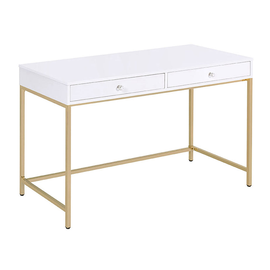 White High Gloss and Gold 2-Drawer Writing Desk--1