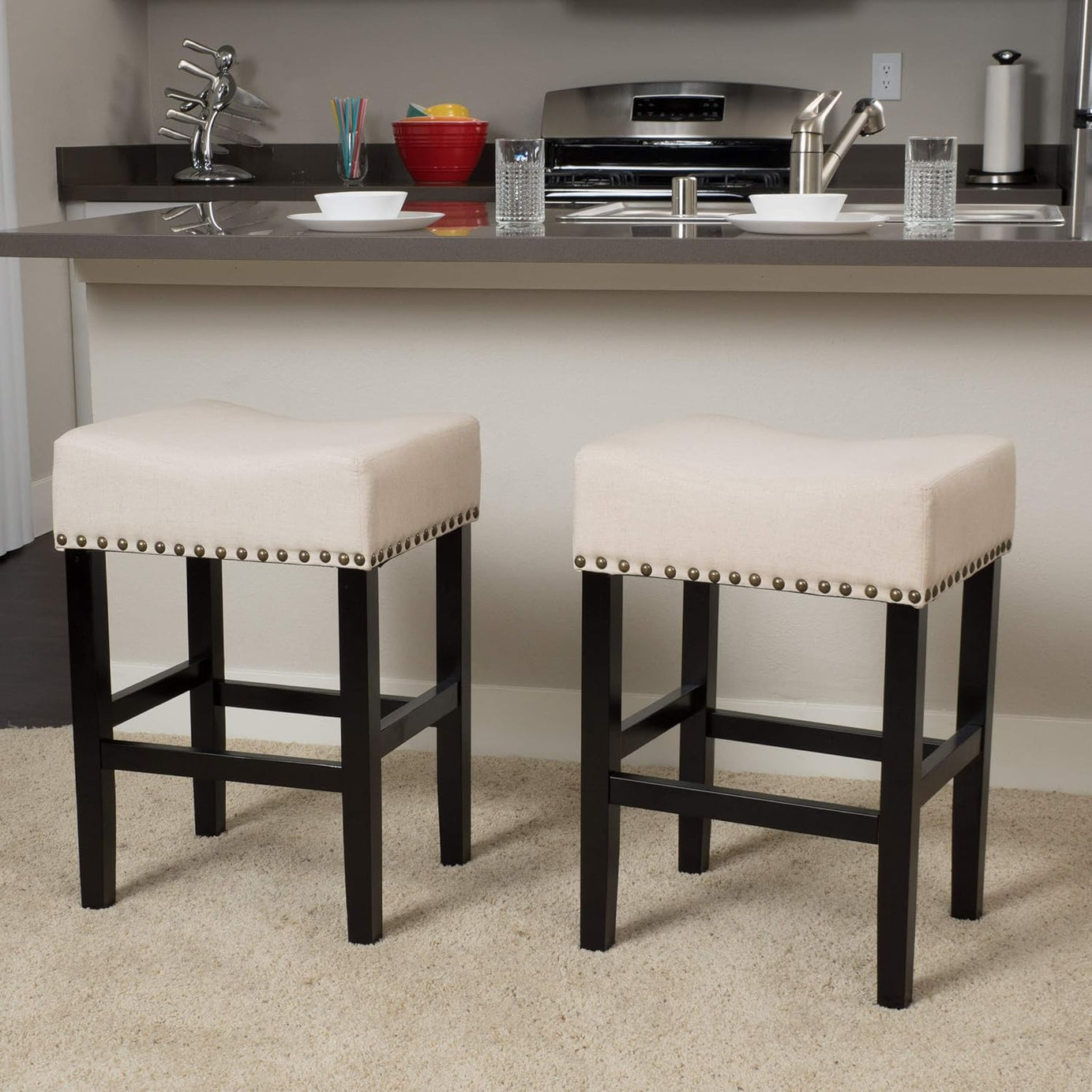 [Ship to Canada only]Laramie Linen Fabric Counterstools, 2-Pcs Set, Beige--1