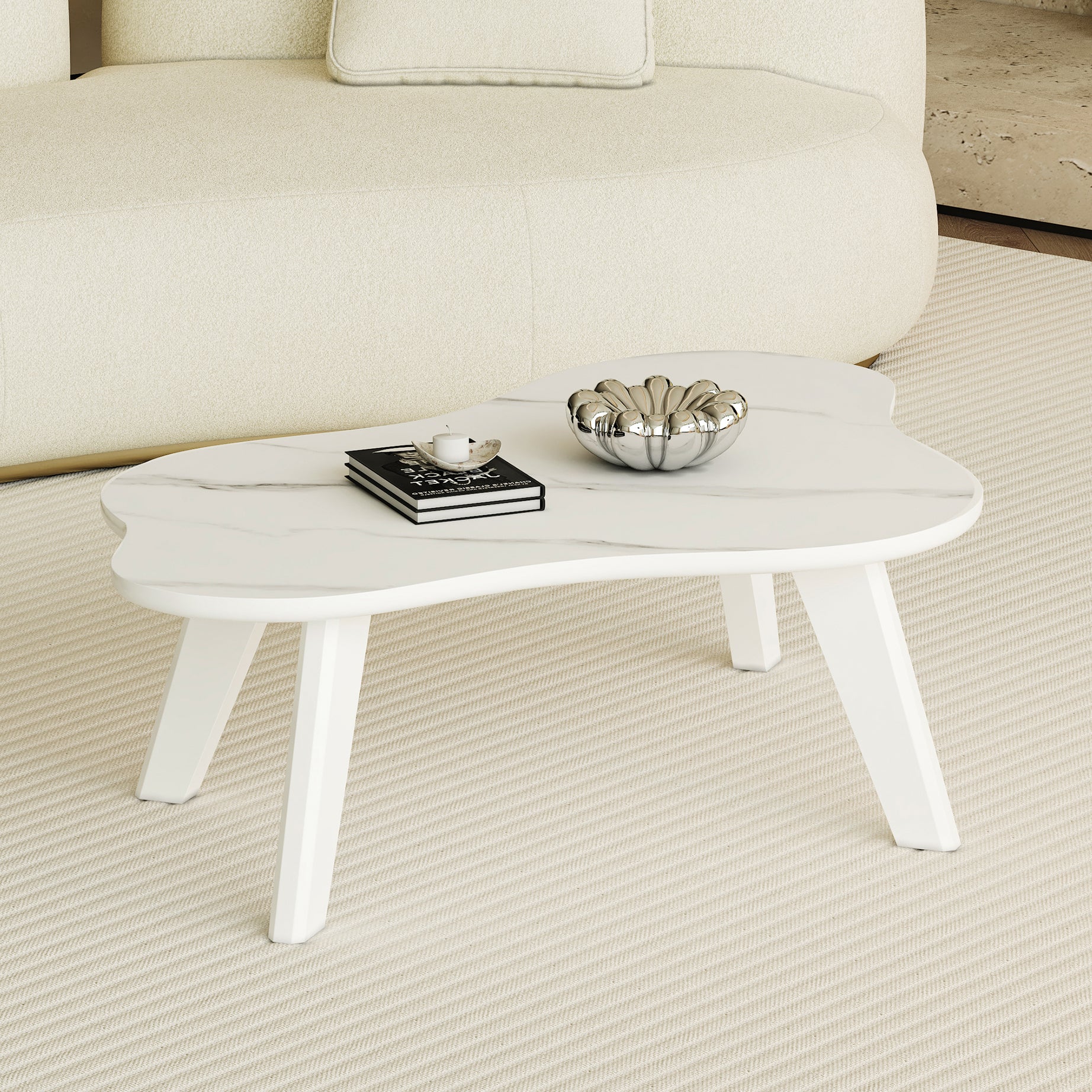 Modern minimalist white imitation marble tabletop coffee table. Solid wood spray painted desk legs, cloud shape to give you a new experience, computer desk. Suitable for dining and living rooms.--1