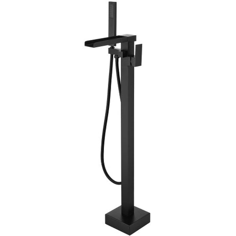 Matte Black Freestanding Tub Filler Floor Mount Faucet with Handheld Shower and Waterfall Spout--1