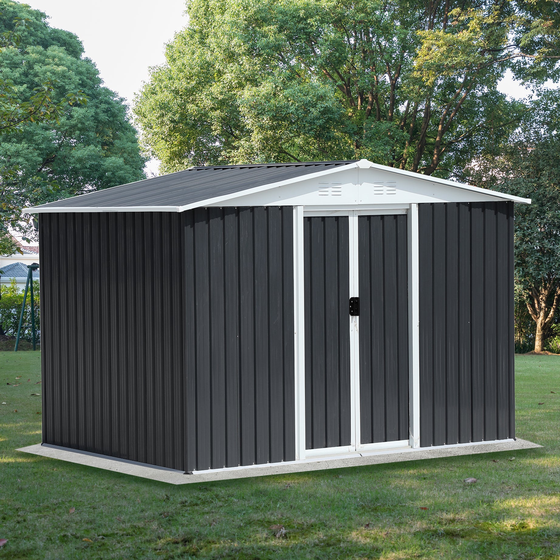 Outdoor Storage Garden Bike Shed 8x6 Feet Apex Roof Dark Grey With Aluminum alloy frame and sliding door--1