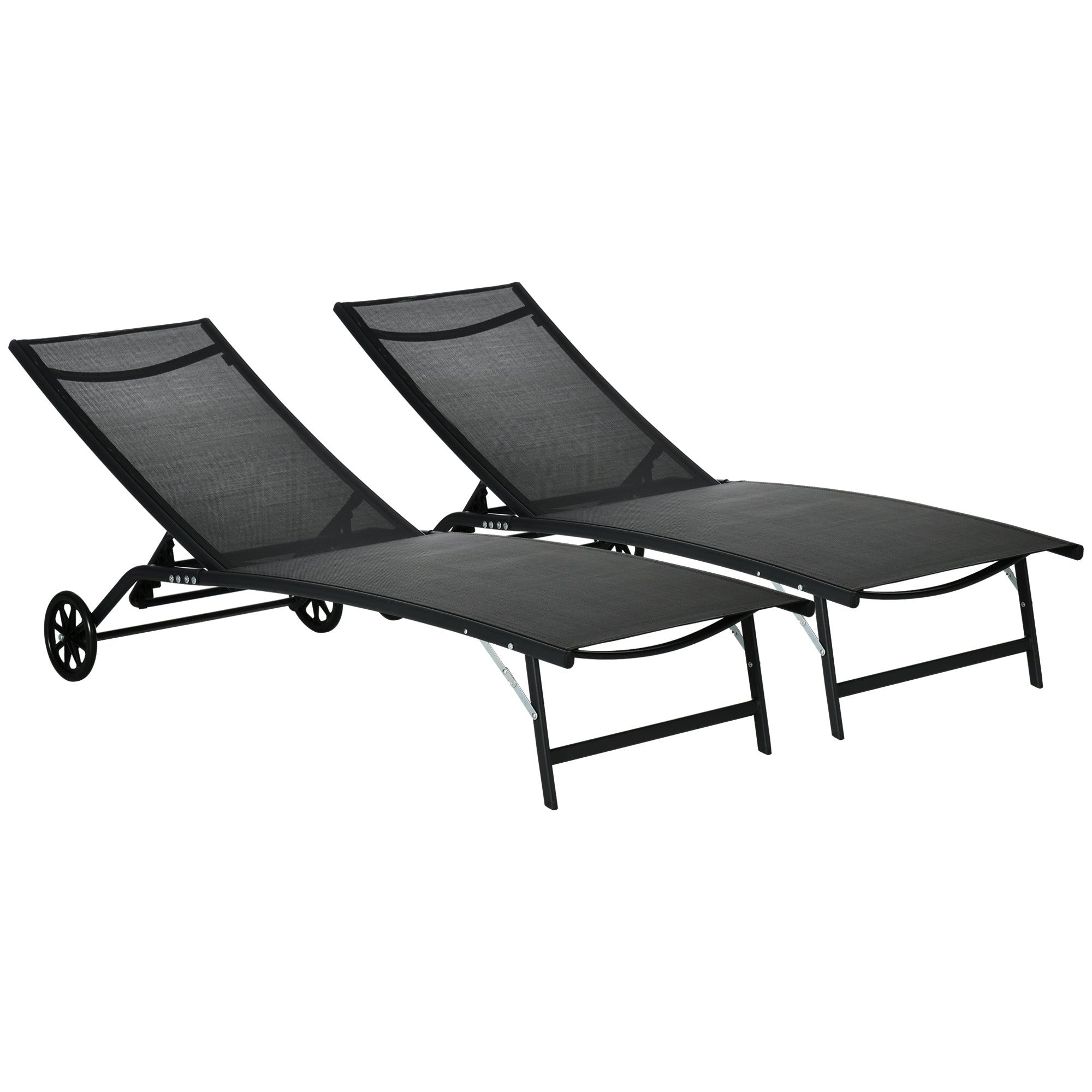 Outsunny Chaise Lounge Outdoor, 2 Piece Lounge Chair with Wheels, Tanning Chair with 5 Adjustable Positions for Patio, Beach, Yard, Pool, Black--1