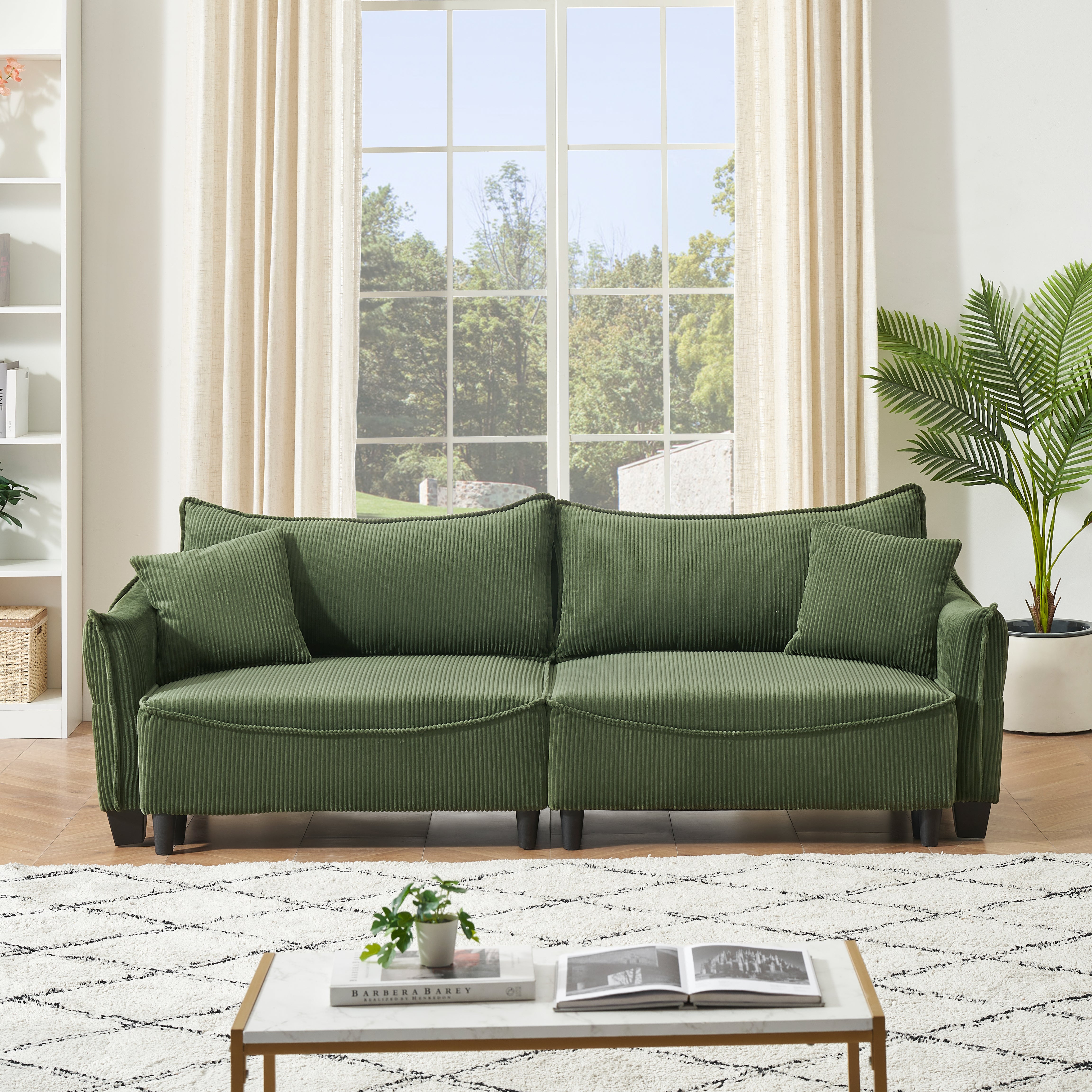 2345 green corduroy fabric, sofa can be converted into a sofa bed with two throw pillows, suitable for living room and other scenes--1