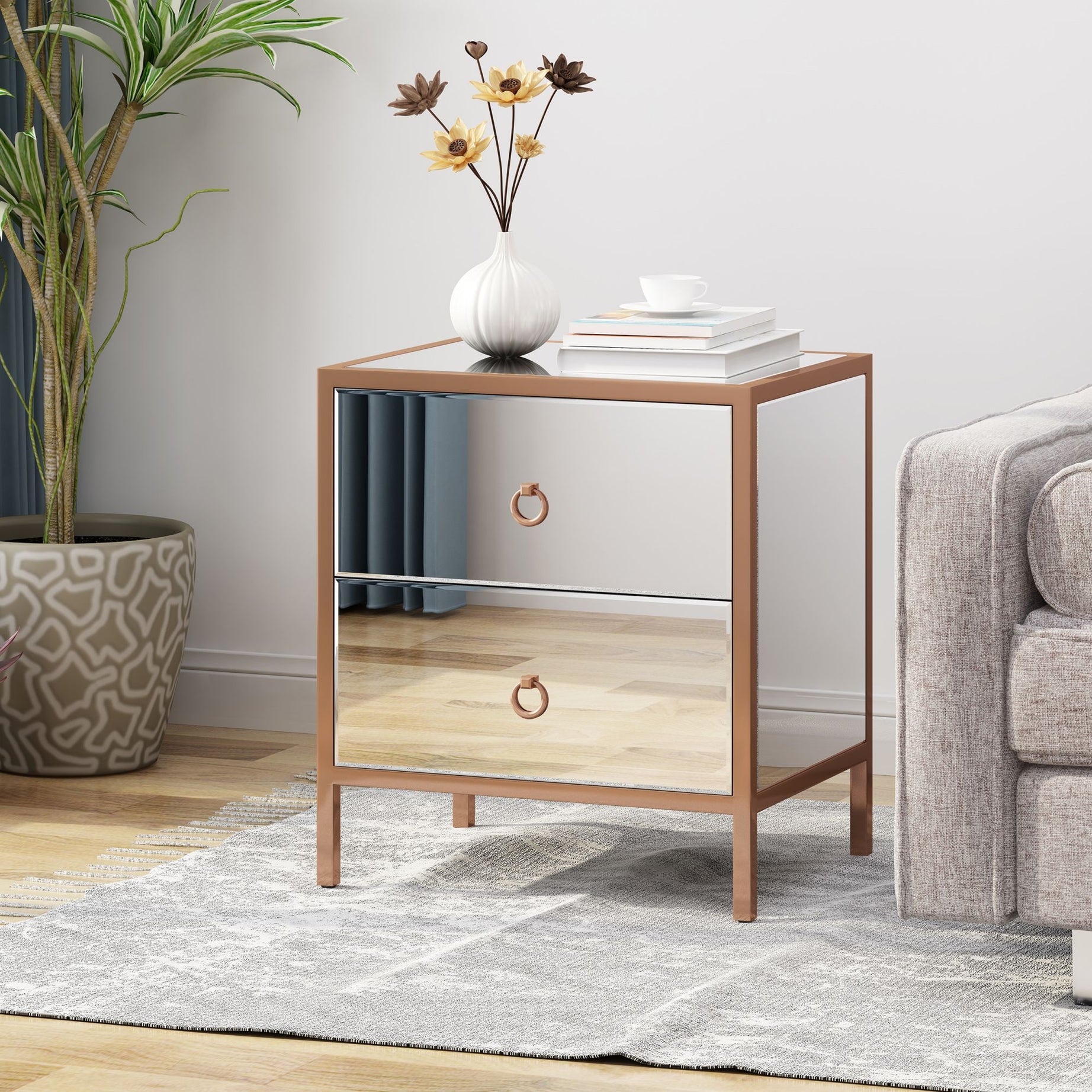 19.75'' Mirrored 2-Drawer End Table/ Side Table/ Nightstand with Gold Metal Frame, Clear, Elegant and Functional Storage with  Round Rings, No Assembly Required, for Living Room, Office, Bedroom--1