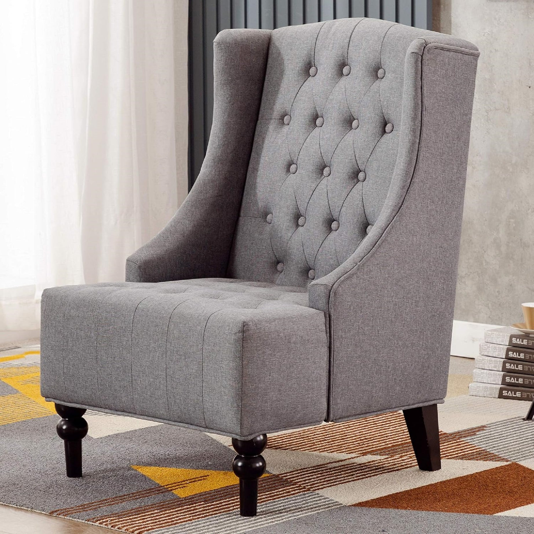 1pc Modern Living Room Button Tufted Wingback Accent Chair Steel Grey Luxury Look Diamond Button-Tufted Pattern--1