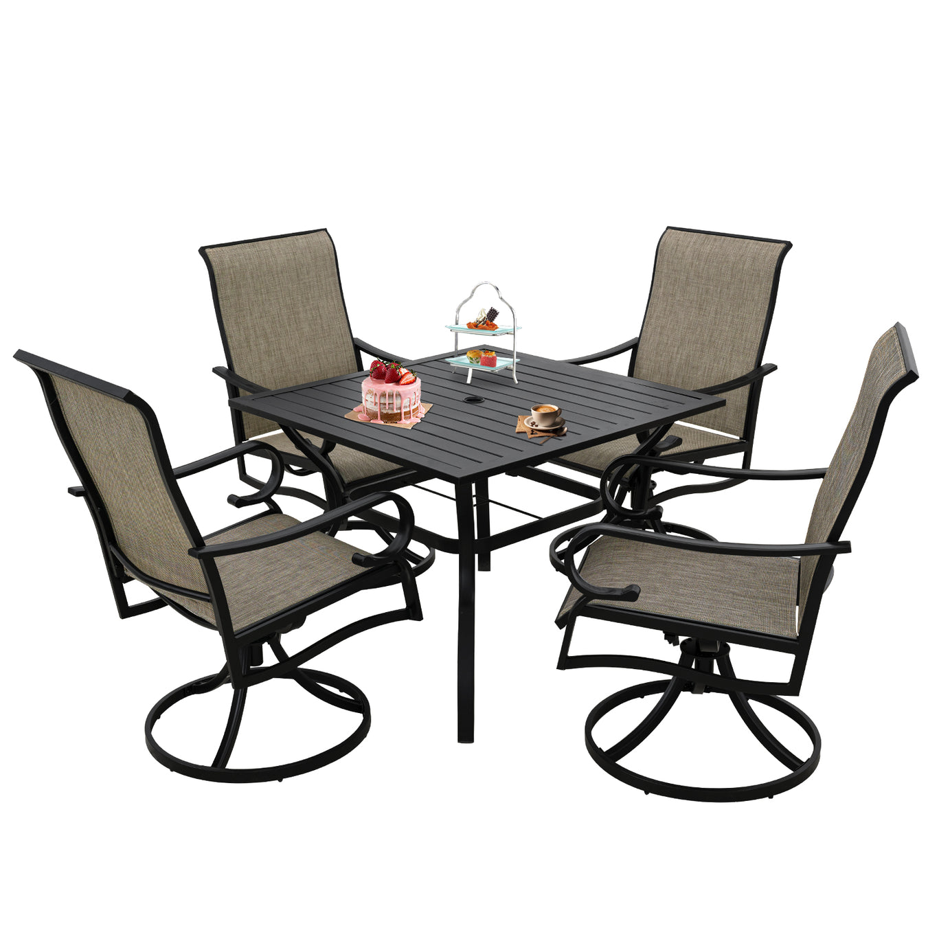 5 Piece Patio Dining Furniture Set, 4 Swivel Textilene Chairs & Table w/ 1.57" Umbrella Hole for Outdoor Garden Yard Porch Deck--1