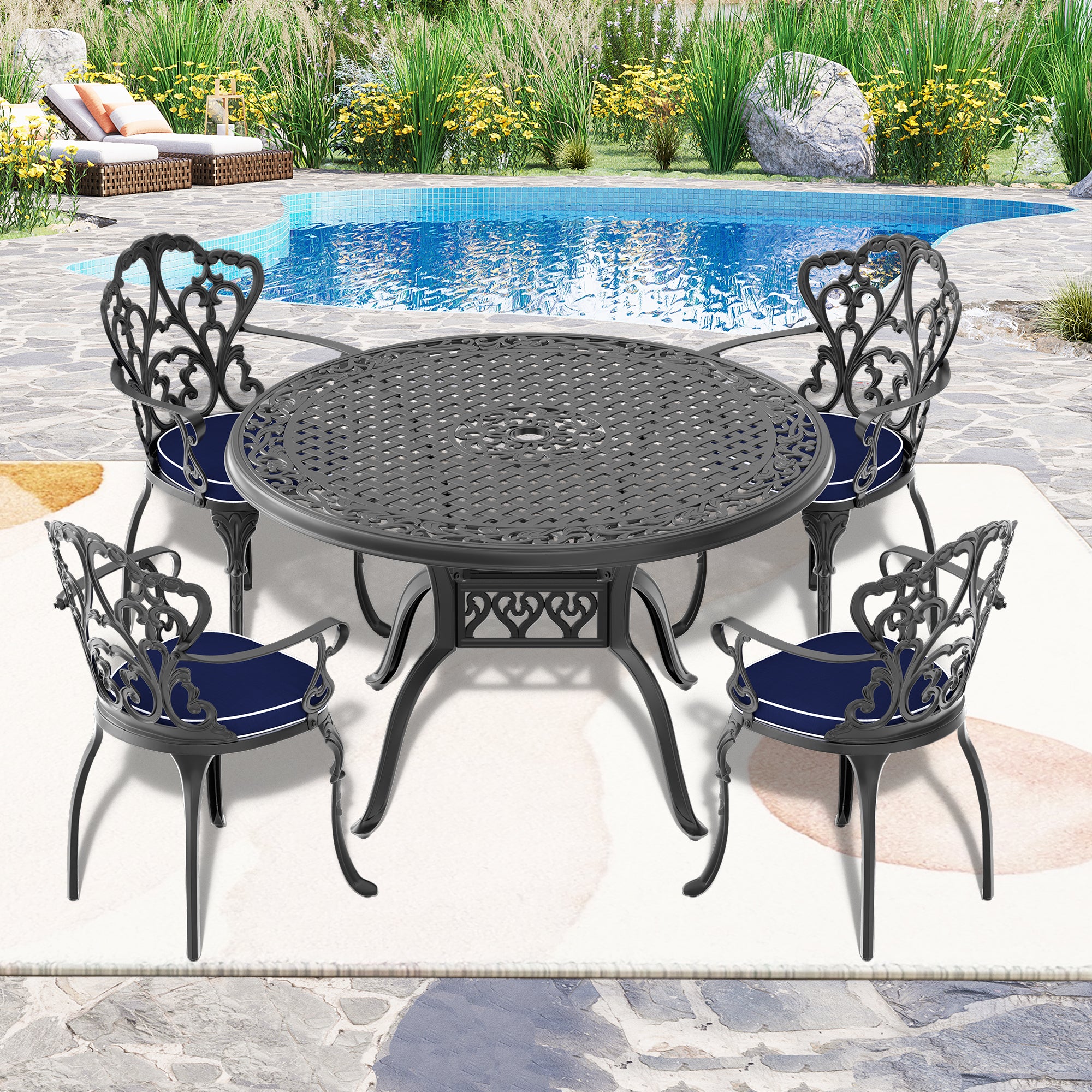 (Cushions In  Random Colors)5-Piece Set Of Cast Aluminum Patio Furniture With  Cushions--1