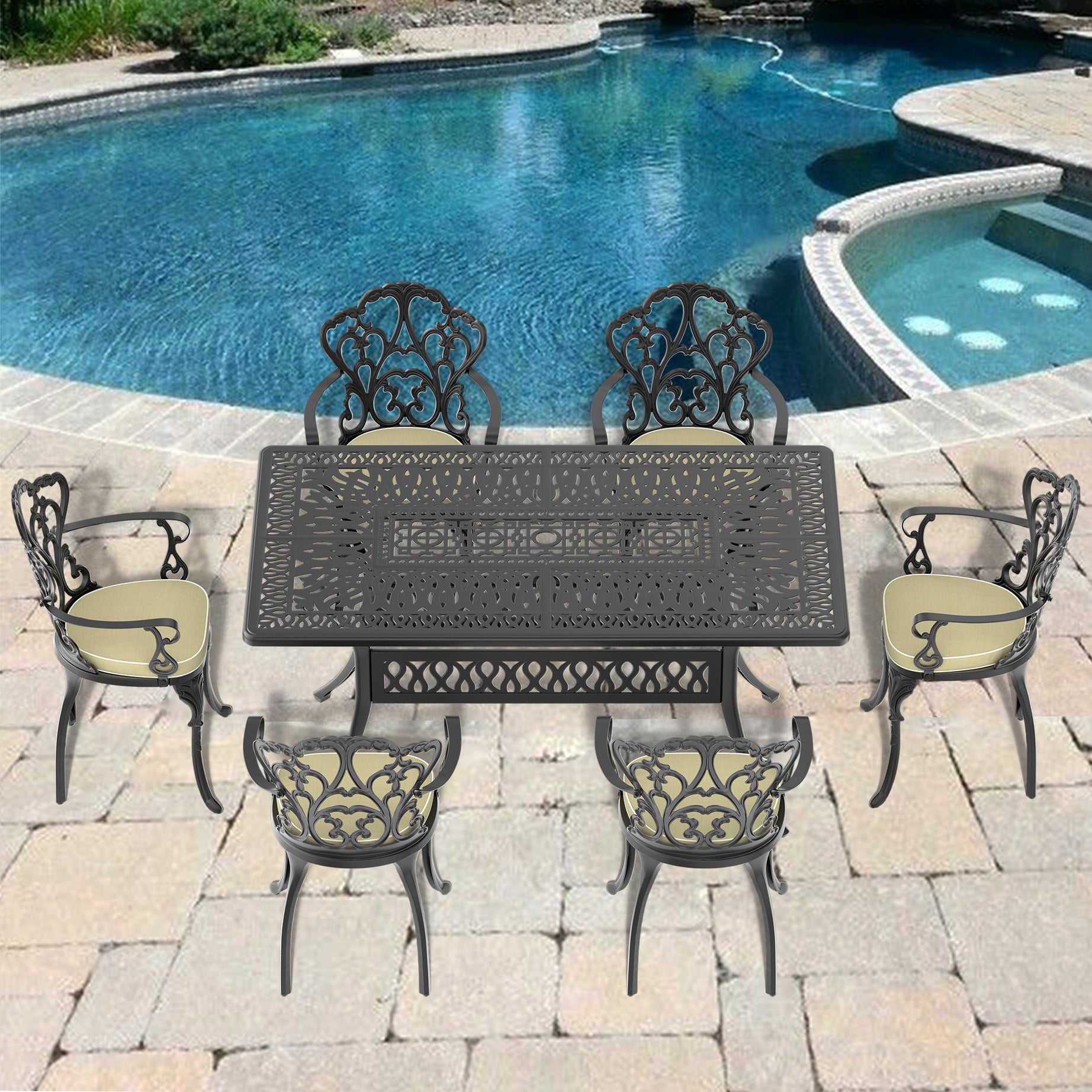 (Cushions In  Random Colors)7-Piece Set Of Cast Aluminum Patio Furniture With  Cushions--1