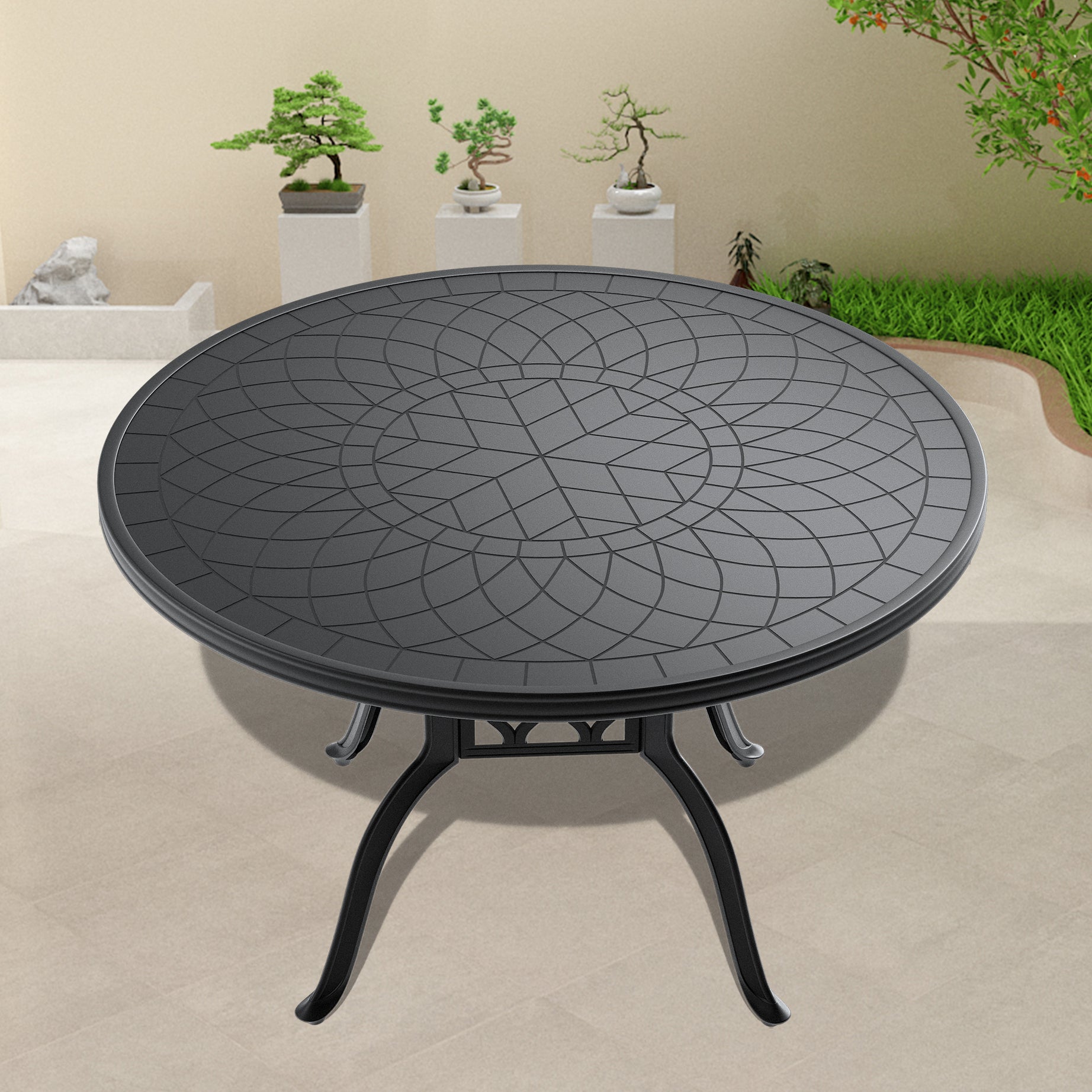 Ø47.24-inch Cast Aluminum Patio Dining Table With Black Frame and Carved Texture on the Tabletop--1