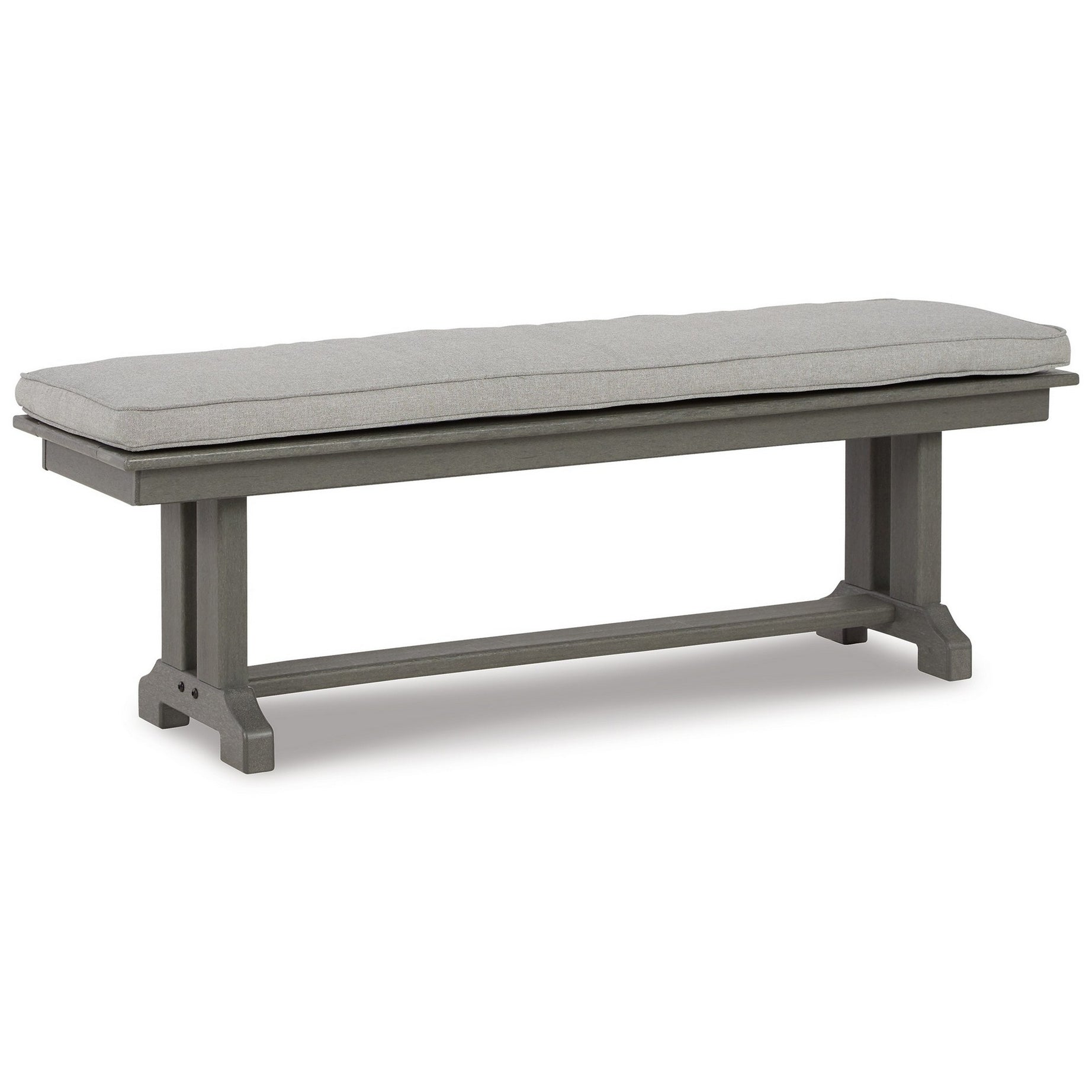 Vrai 54 Inch Outdoor Bench, Gray Wood Frame, Trestle Base, Cushioned Seat--1