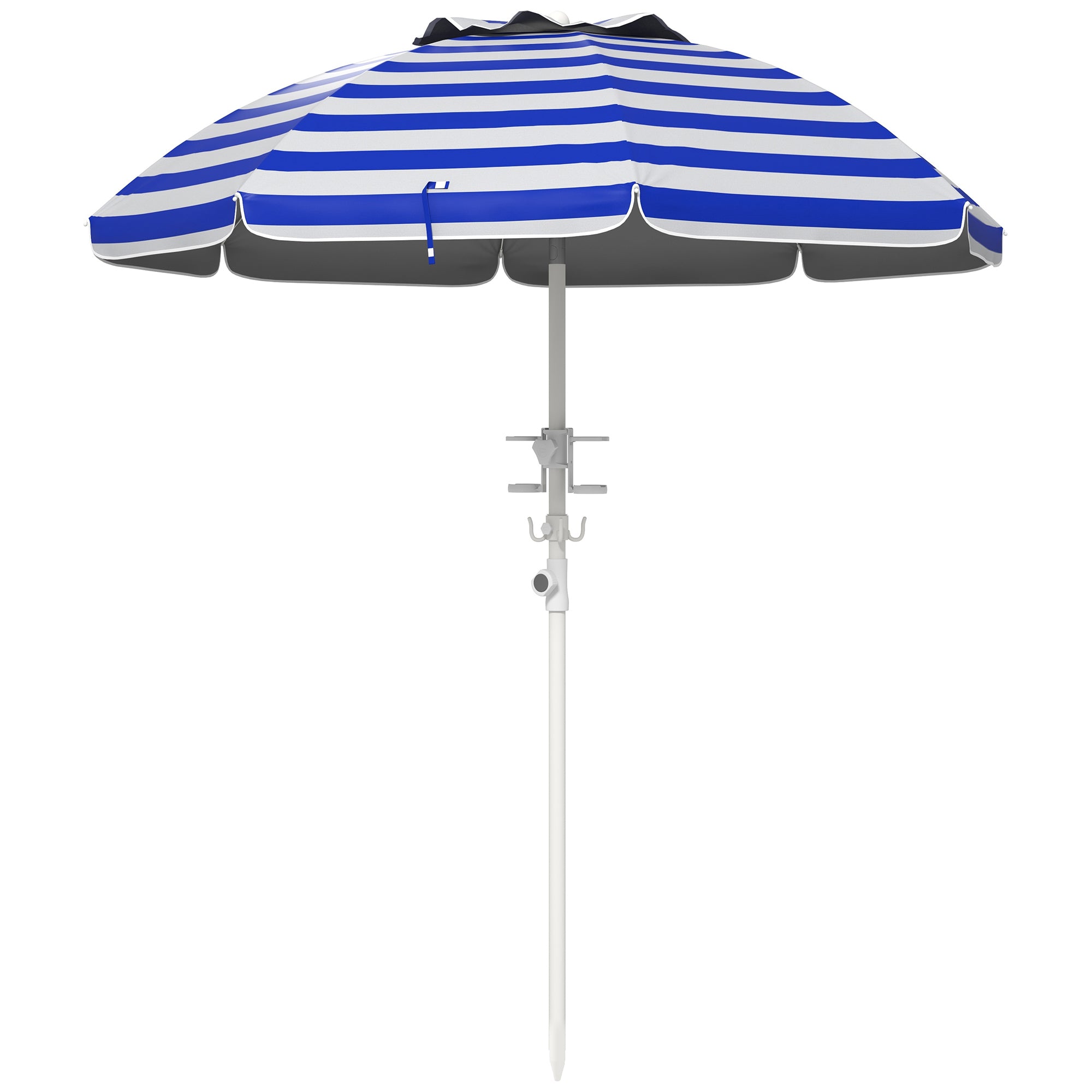 Outsunny 5.7' Portable Beach Umbrella with Tilt, Adjustable Height, 2 Cup Holders & Hooks, UV 40+ Ruffled Outdoor Umbrella with Vented Canopy, Blue White Stripe--1