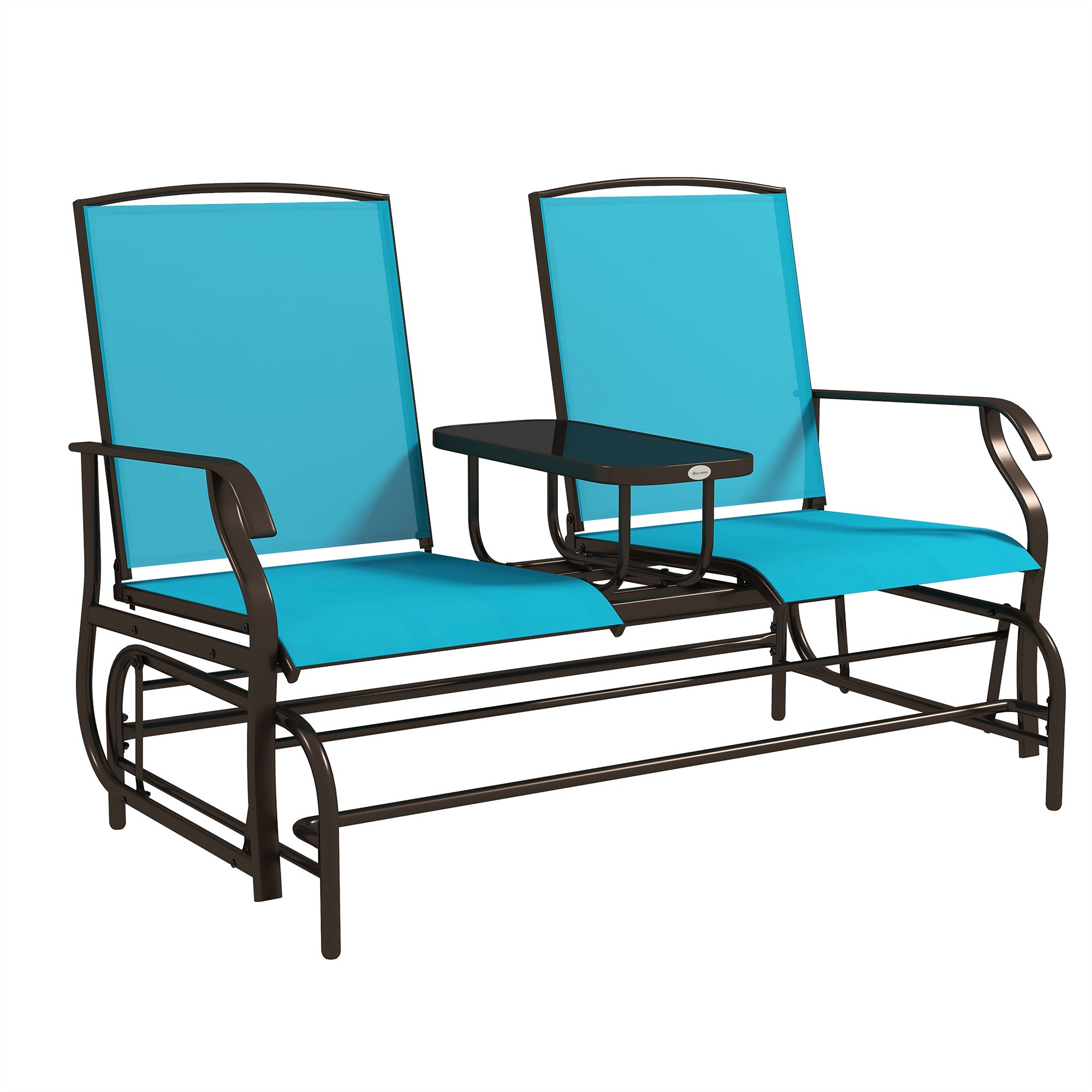 Outsunny Outdoor Glider Bench with Center Table, Metal Frame Patio Loveseat with Breathable Mesh Fabric and Armrests for Backyard Garden Porch, Blue--1